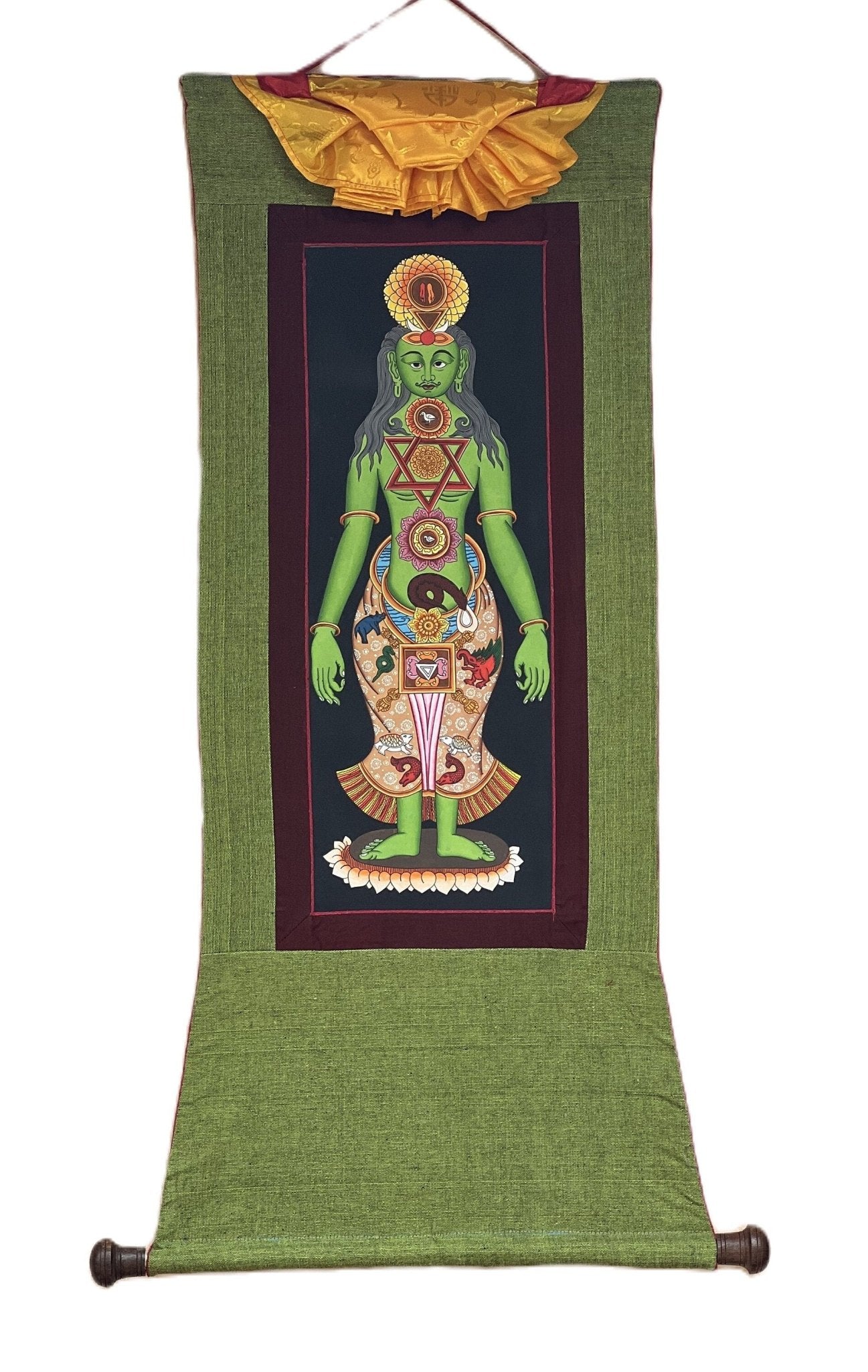 Hand - painted 7 Chakra Yogic Chakra Kundalini Healing Original Tibetan Thangka Panting with Cotton Brocade - Tibetan Thangka Art
