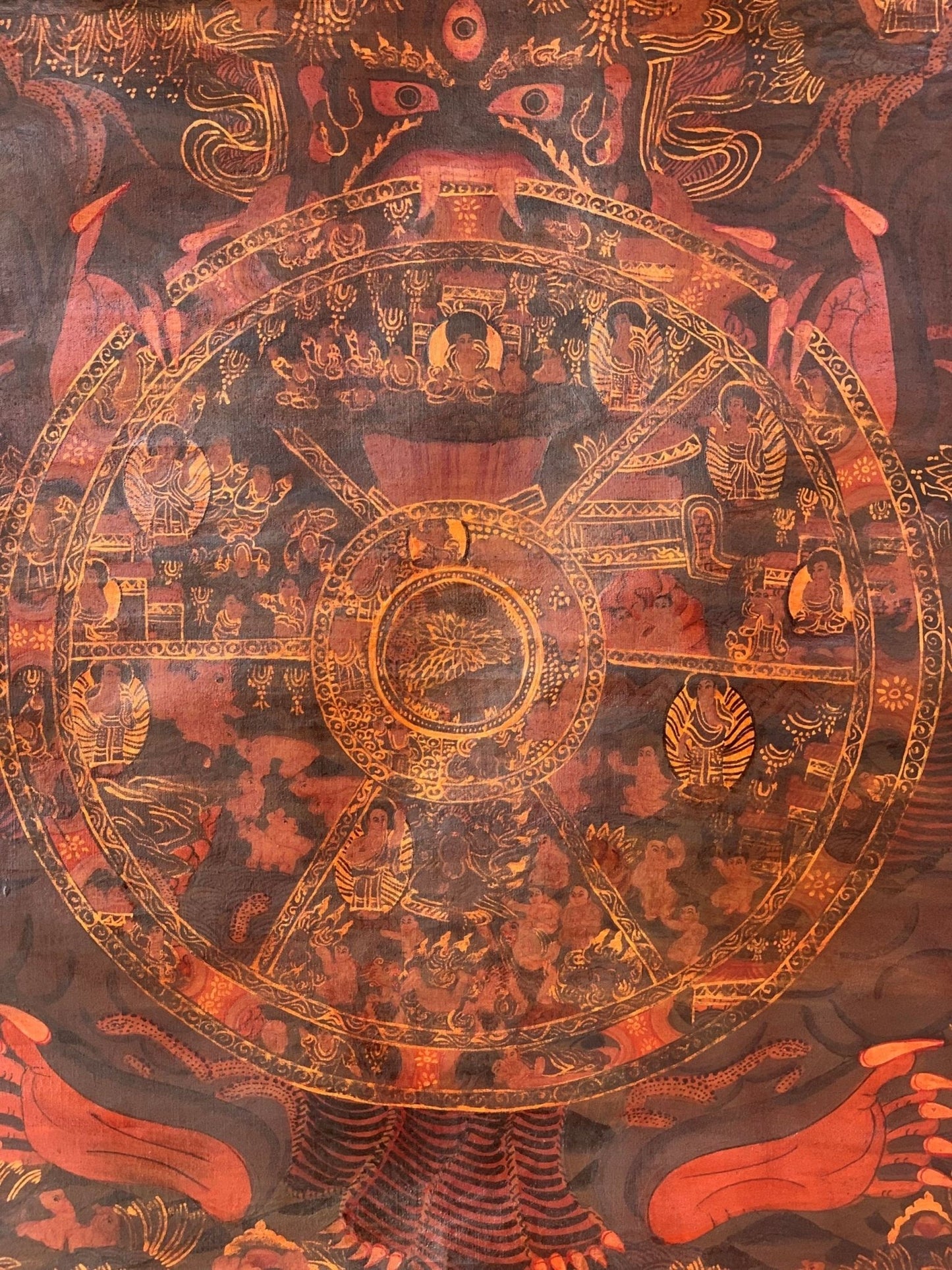 Hand - painted Bhavachakra Mandala, Buddha Life, Tibetan Thangka, Painting, with Silk Brocade - Tibetan Thangka Art