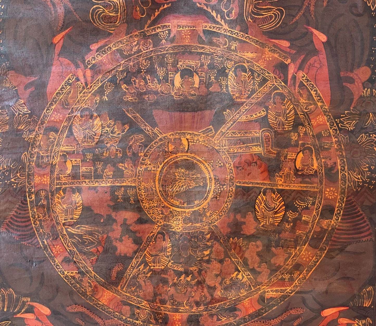 Hand - painted Bhavachakra Mandala, Buddha Life, Tibetan Thangka, Painting, with Silk Brocade - Tibetan Thangka Art