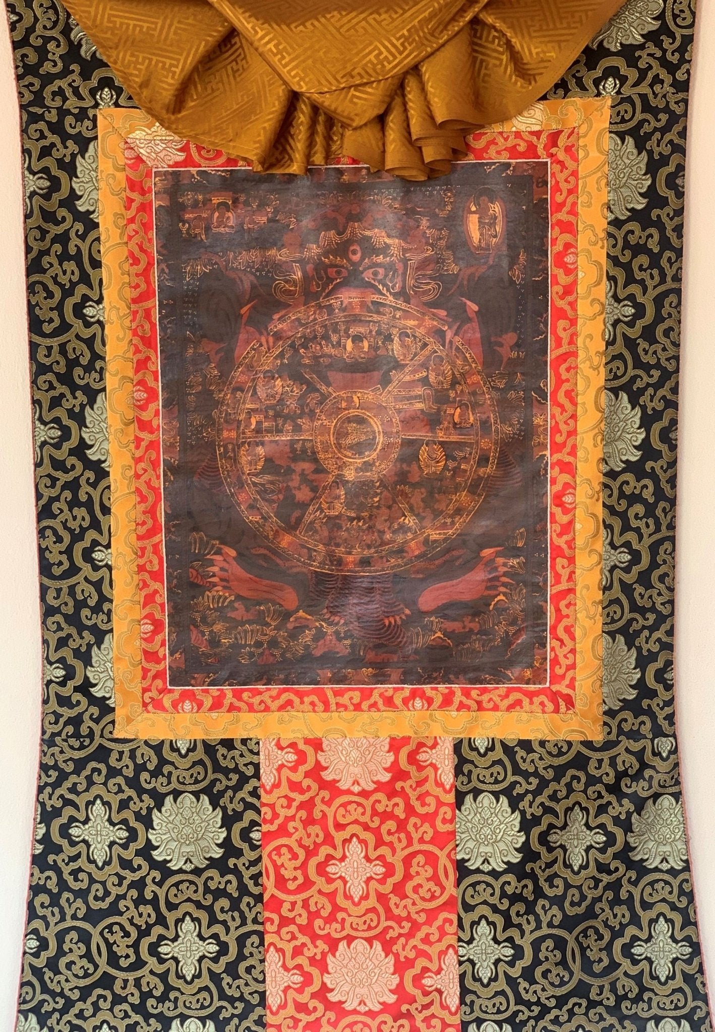 Hand - painted Bhavachakra Mandala, Buddha Life, Tibetan Thangka, Painting, with Silk Brocade - Tibetan Thangka Art