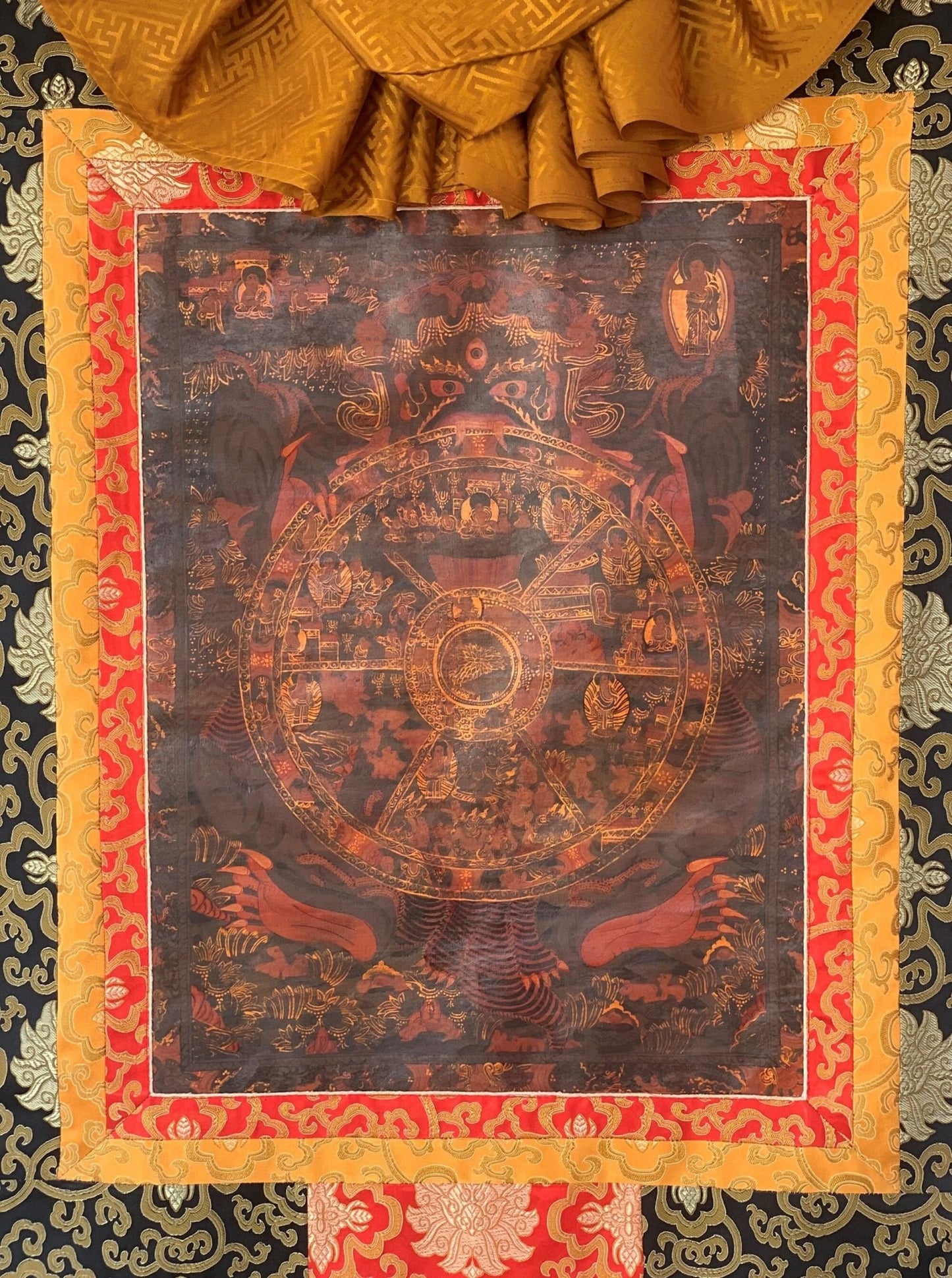 Hand - painted Bhavachakra Mandala, Buddha Life, Tibetan Thangka, Painting, with Silk Brocade - Tibetan Thangka Art