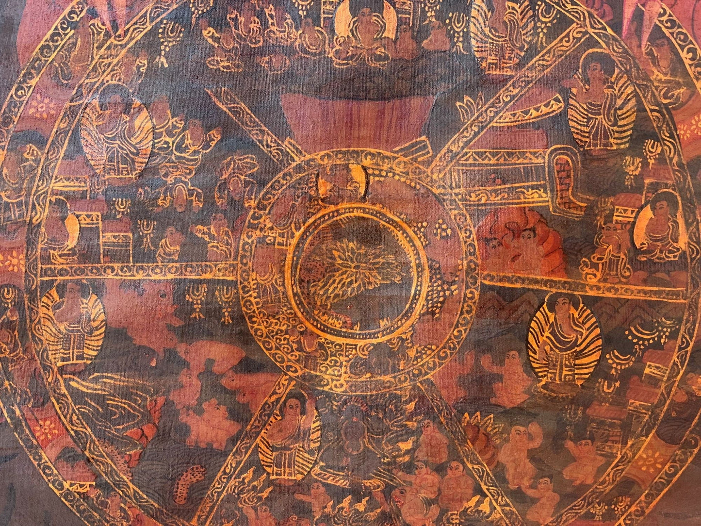 Hand - painted Bhavachakra Mandala, Buddha Life, Tibetan Thangka, Painting, with Silk Brocade - Tibetan Thangka Art