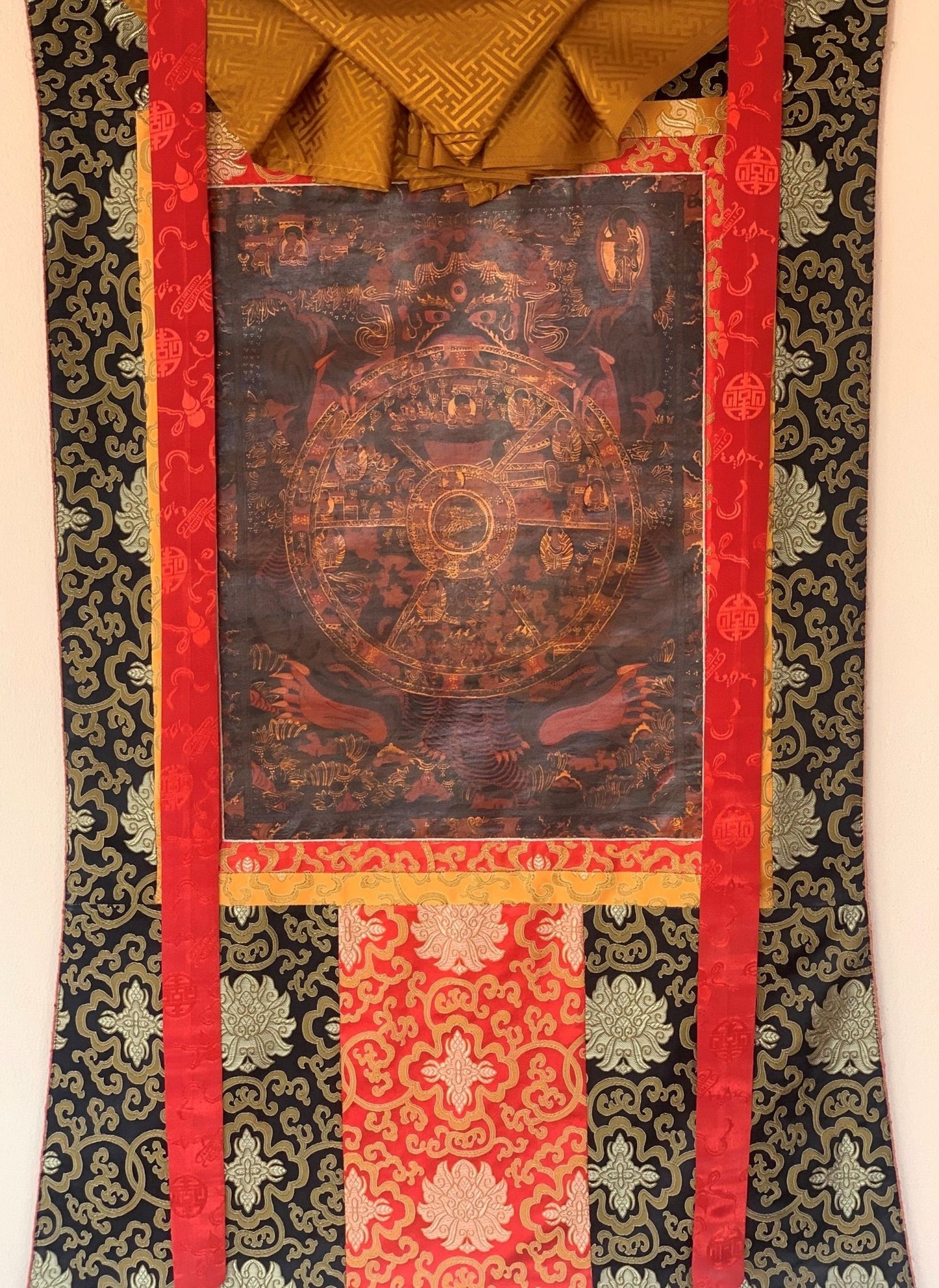 Hand - painted Bhavachakra Mandala, Buddha Life, Tibetan Thangka, Painting, with Silk Brocade - Tibetan Thangka Art