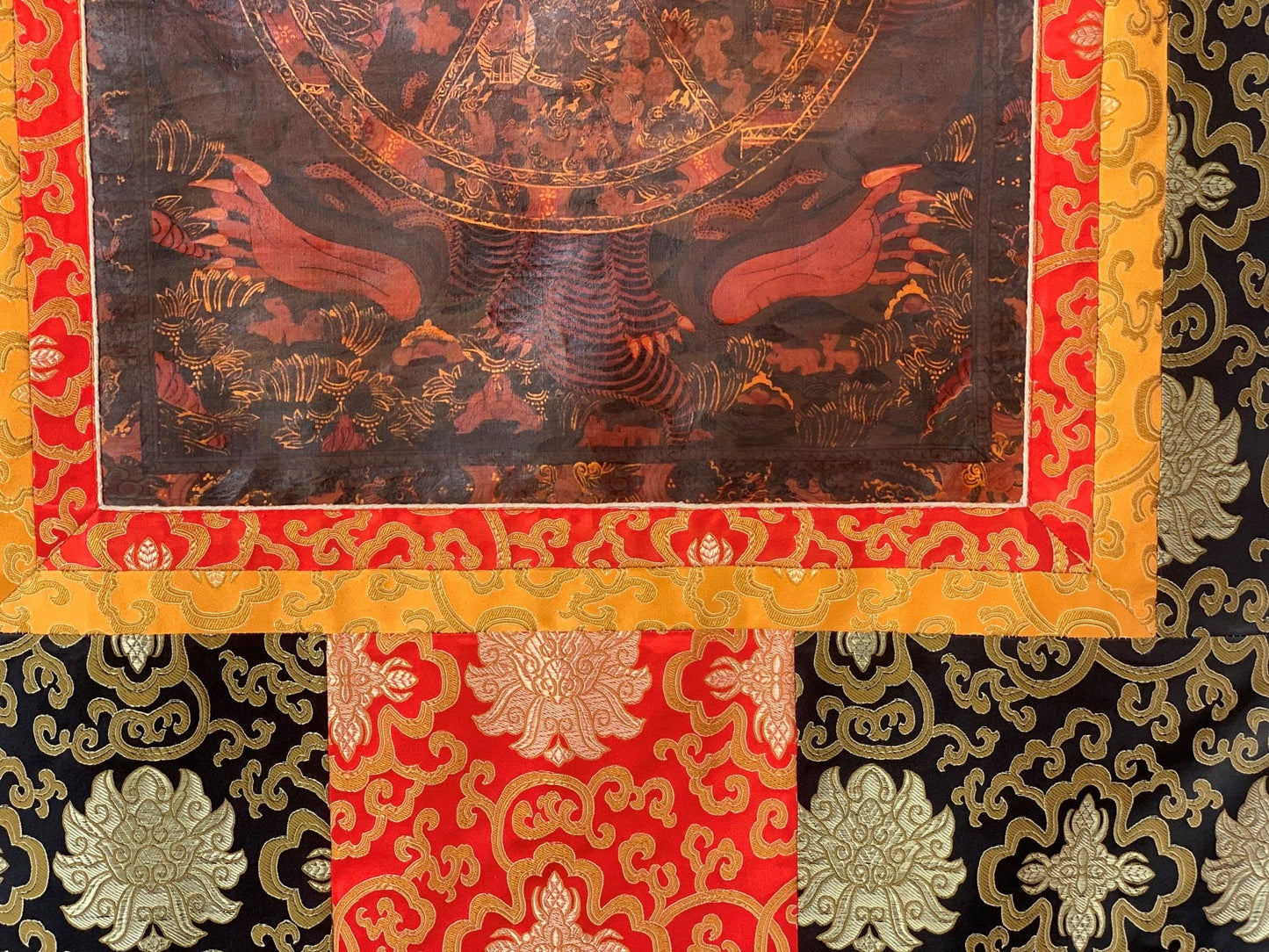 Hand - painted Bhavachakra Mandala, Buddha Life, Tibetan Thangka, Painting, with Silk Brocade - Tibetan Thangka Art