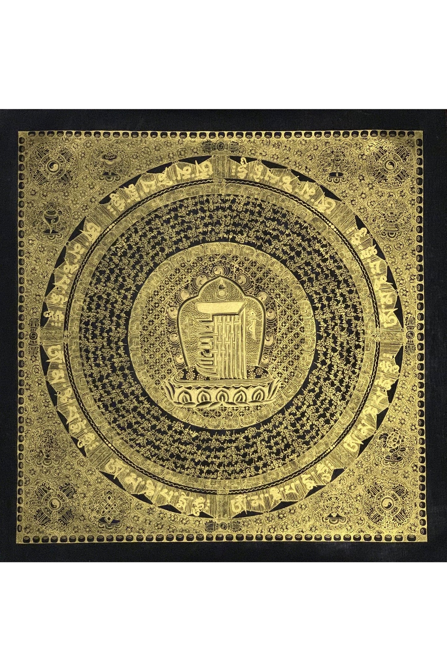 Hand Painted Black and Gold Kalachakra 10 fold Seed Syllable Mantra Mandala Tibetan Thangka Painting Original Protection Meditation Art - Tibetan Thangka Art