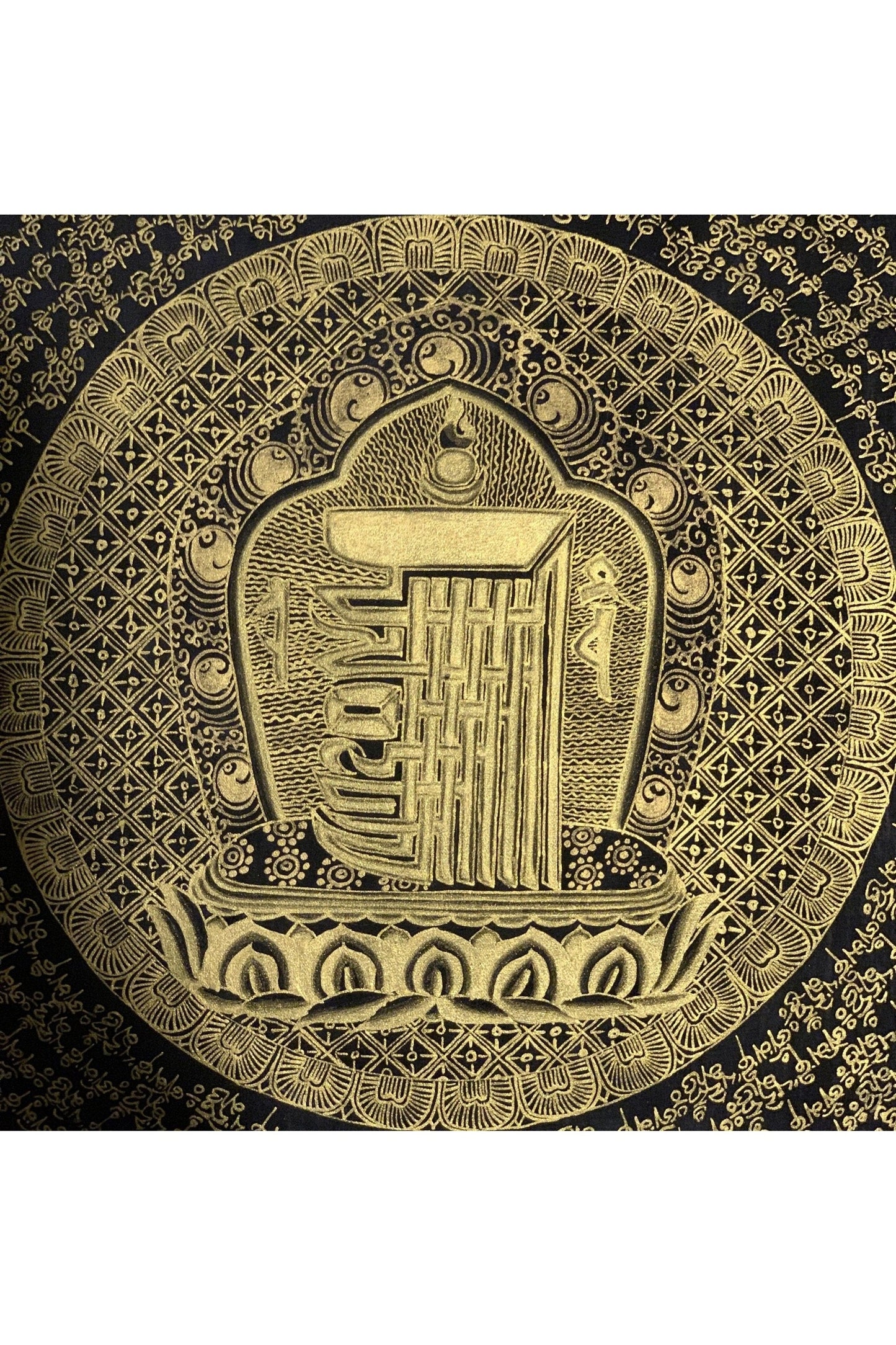 Hand Painted Black and Gold Kalachakra 10 fold Seed Syllable Mantra Mandala Tibetan Thangka Painting Original Protection Meditation Art - Tibetan Thangka Art