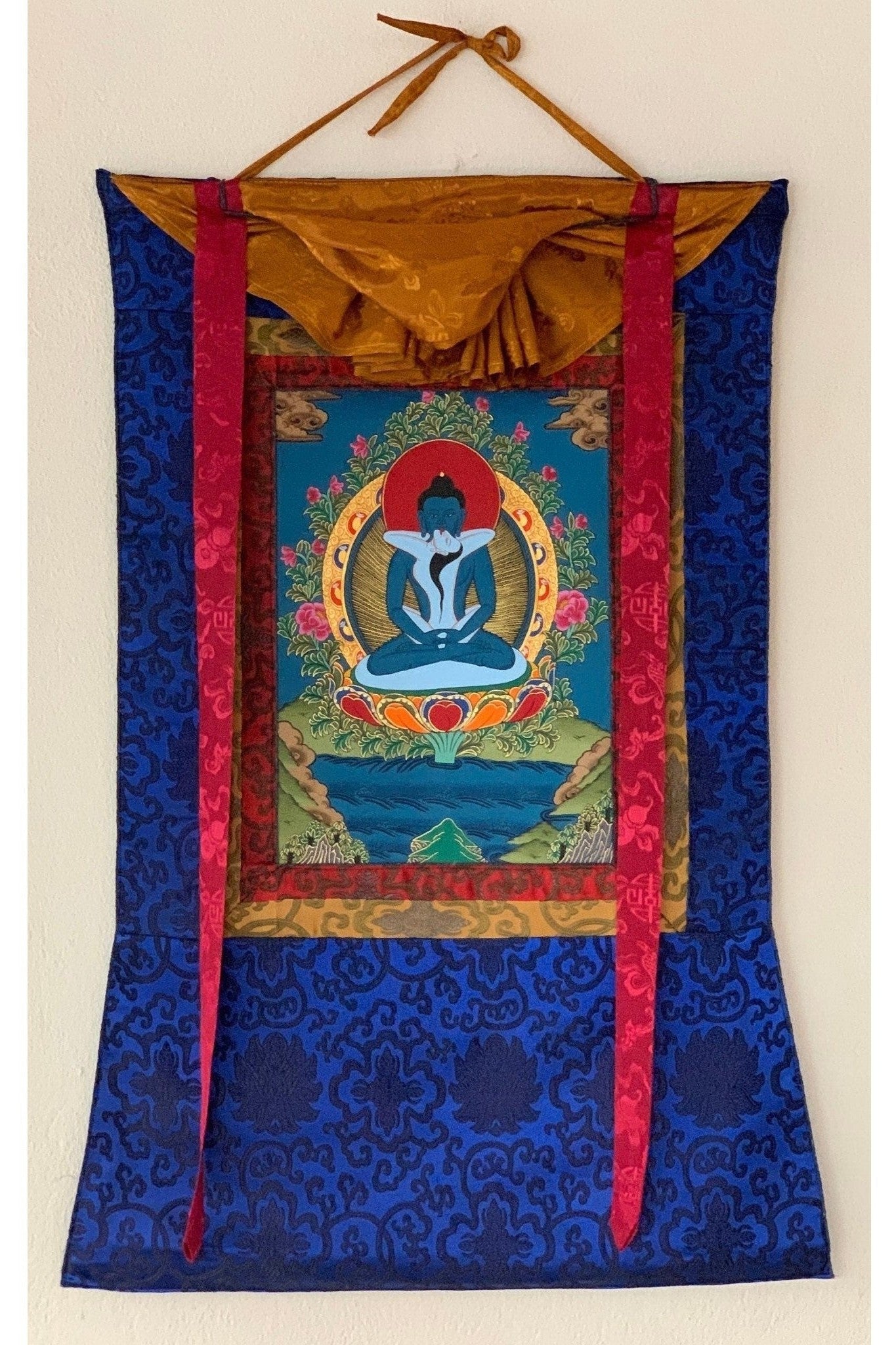 Hand Painted Buddha Shakti, Samantabhadra, Tibetan Thangka Painting, Original Art with Silk Brocade (Frame) - Tibetan Thangka Art