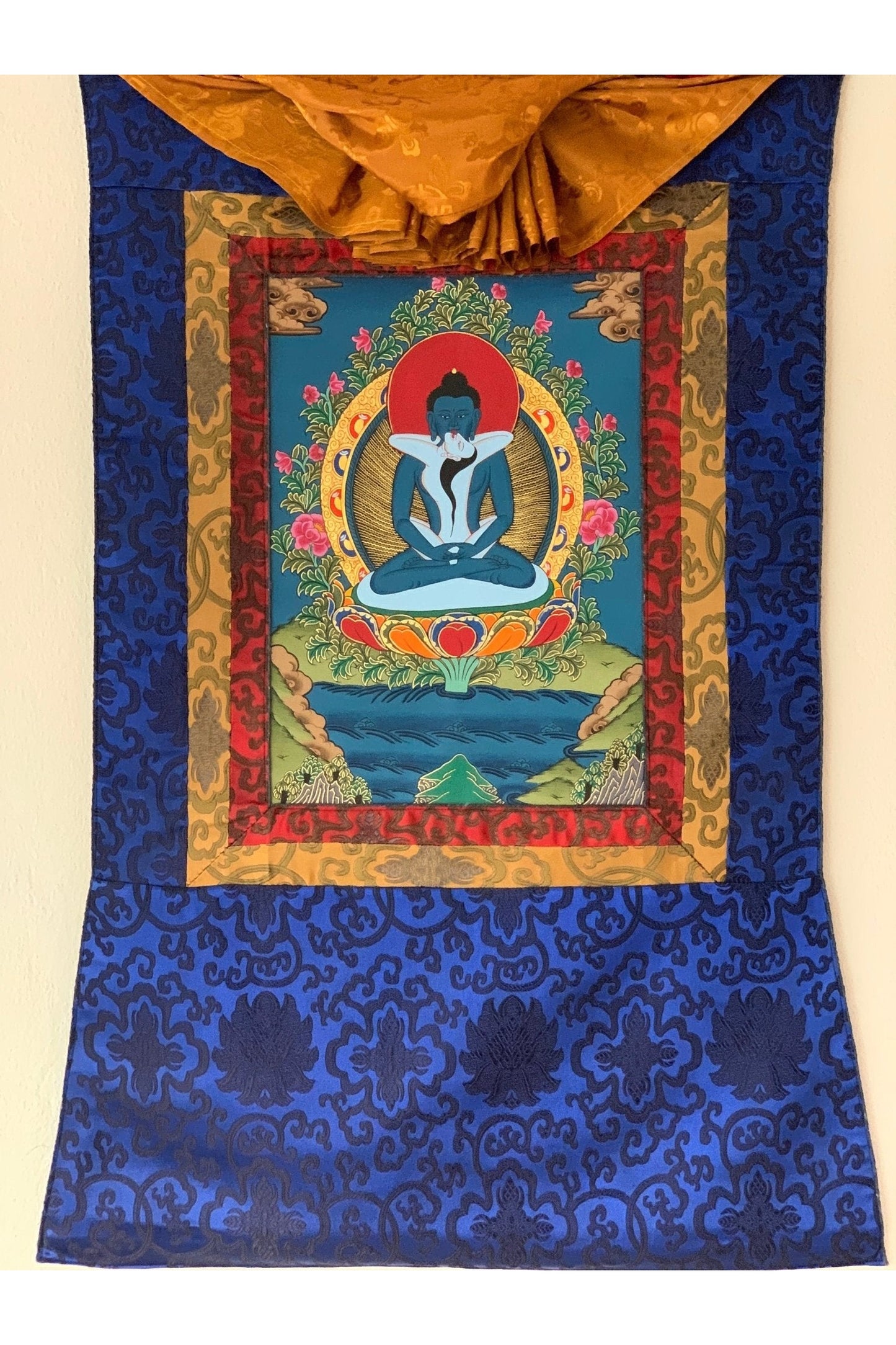 Hand Painted Buddha Shakti, Samantabhadra, Tibetan Thangka Painting, Original Art with Silk Brocade (Frame) - Tibetan Thangka Art