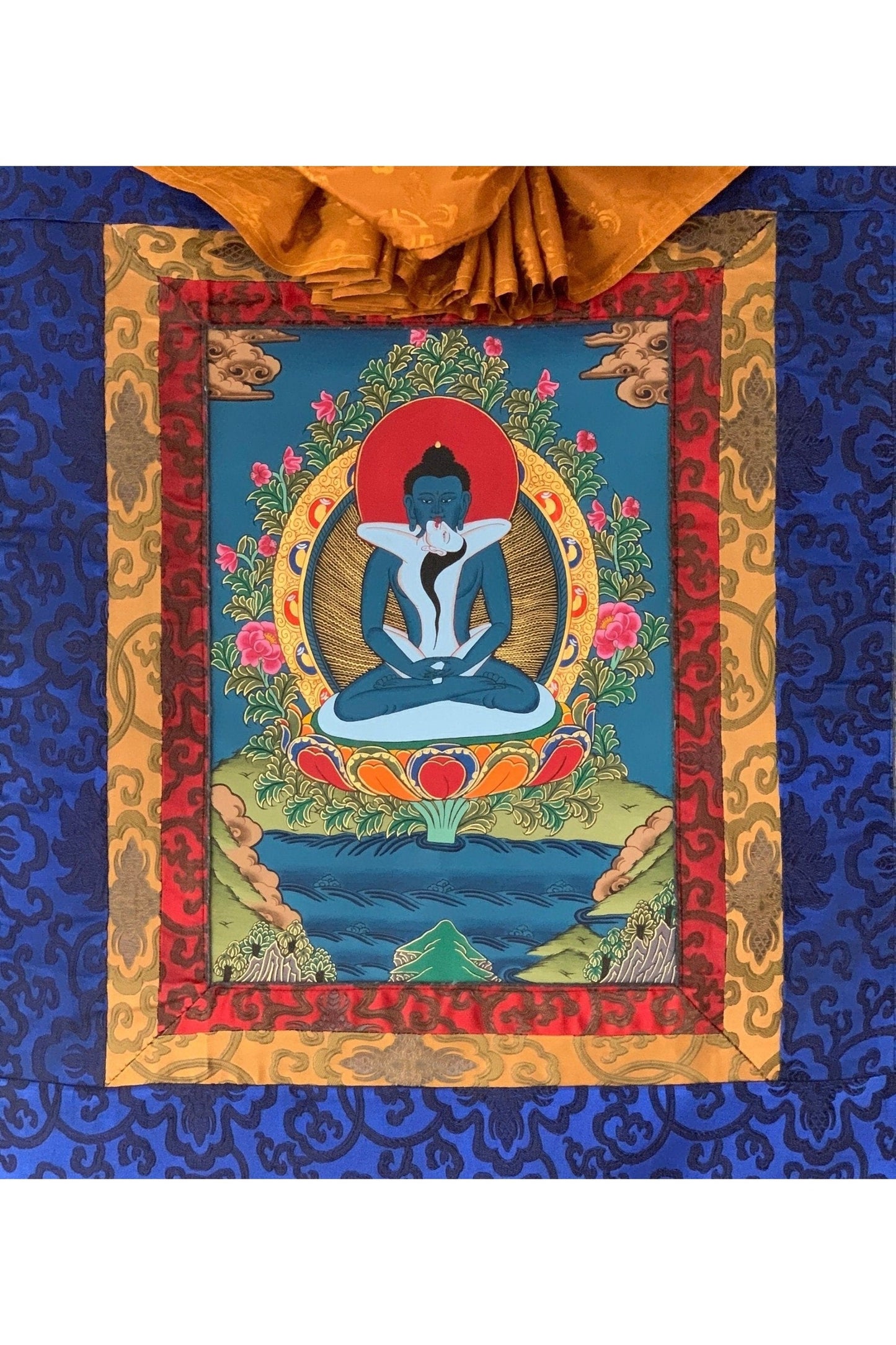 Hand Painted Buddha Shakti, Samantabhadra, Tibetan Thangka Painting, Original Art with Silk Brocade (Frame) - Tibetan Thangka Art