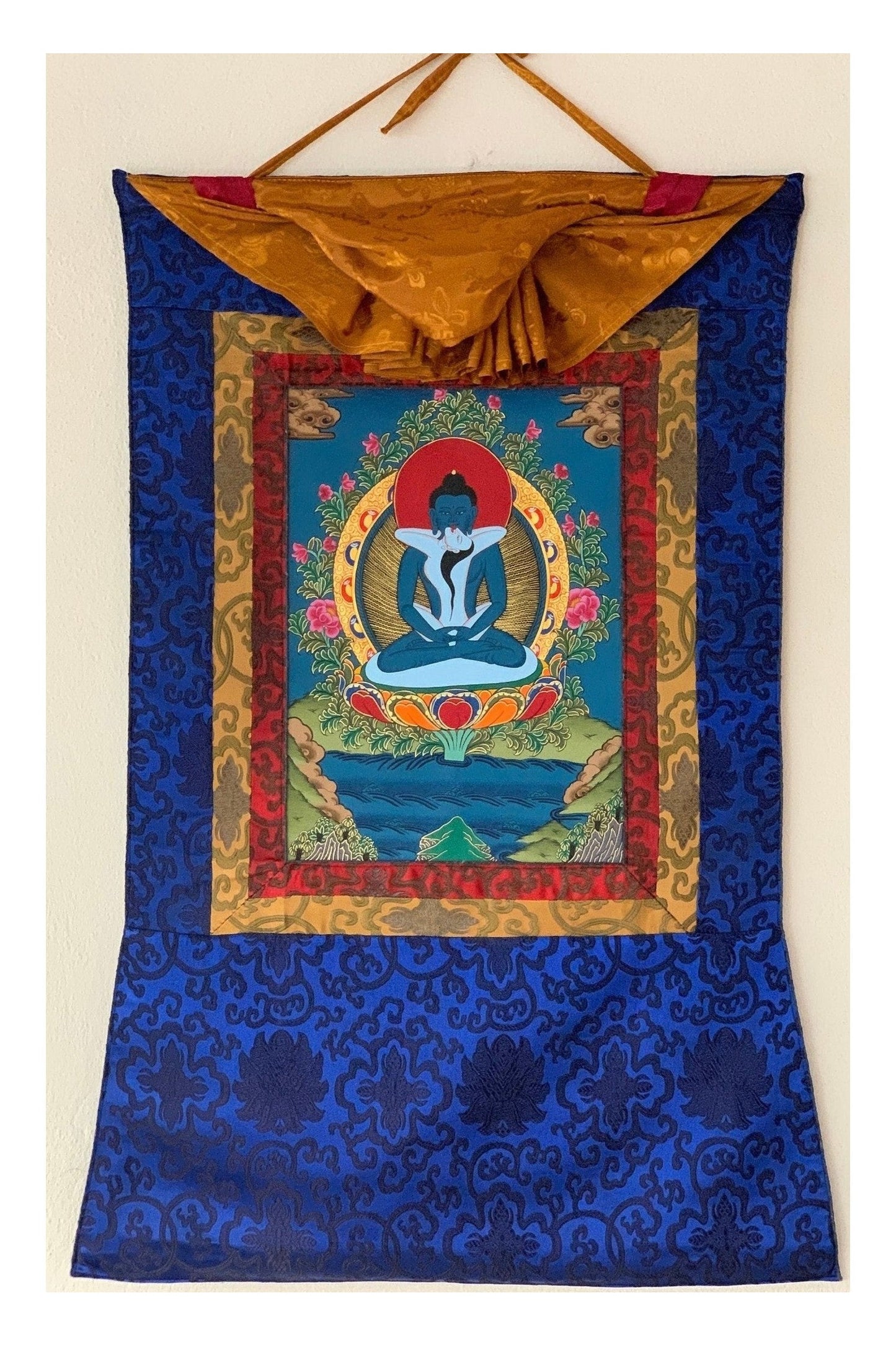 Hand Painted Buddha Shakti, Samantabhadra, Tibetan Thangka Painting, Original Art with Silk Brocade (Frame) - Tibetan Thangka Art