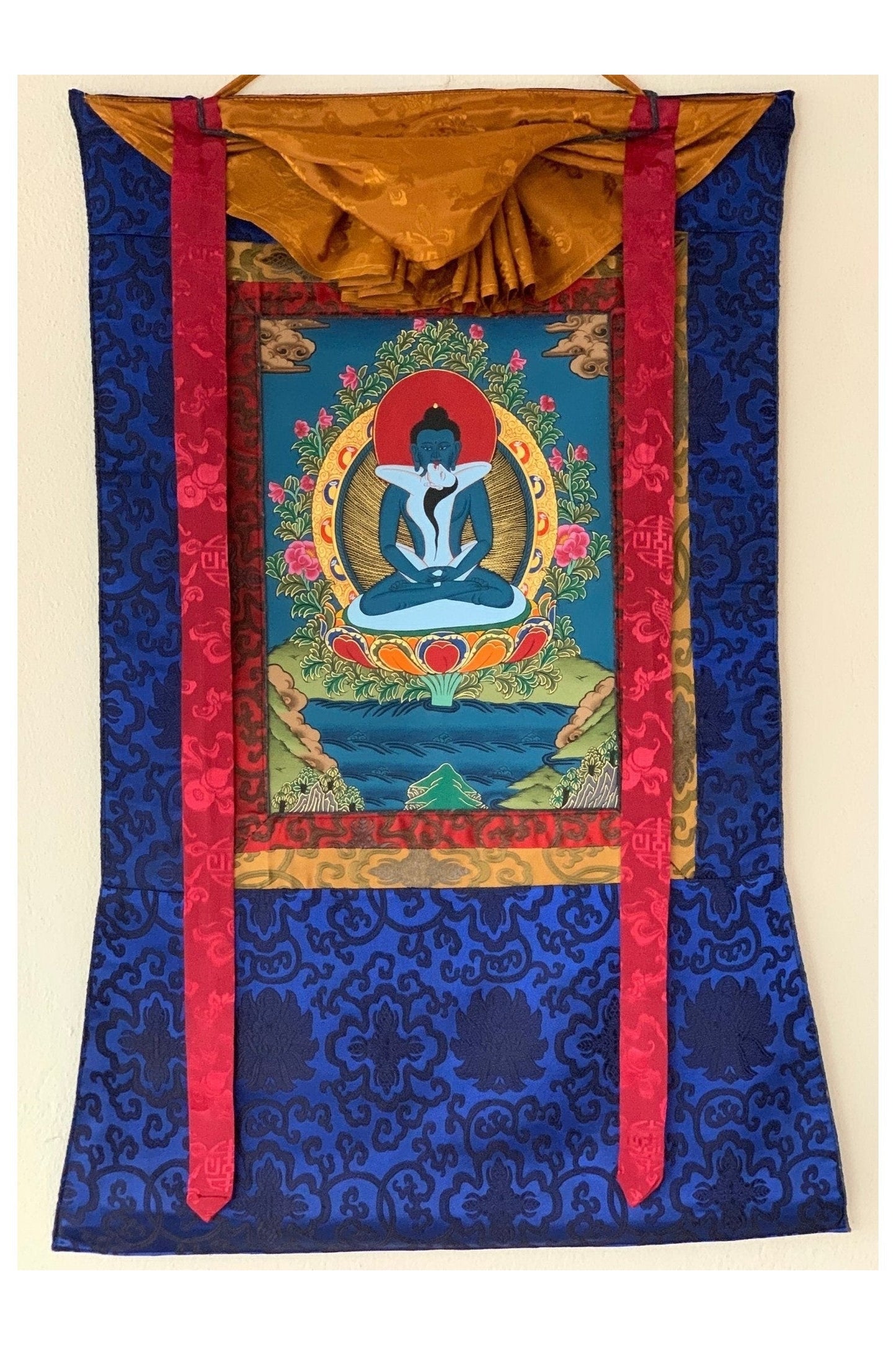 Hand Painted Buddha Shakti, Samantabhadra, Tibetan Thangka Painting, Original Art with Silk Brocade (Frame) - Tibetan Thangka Art