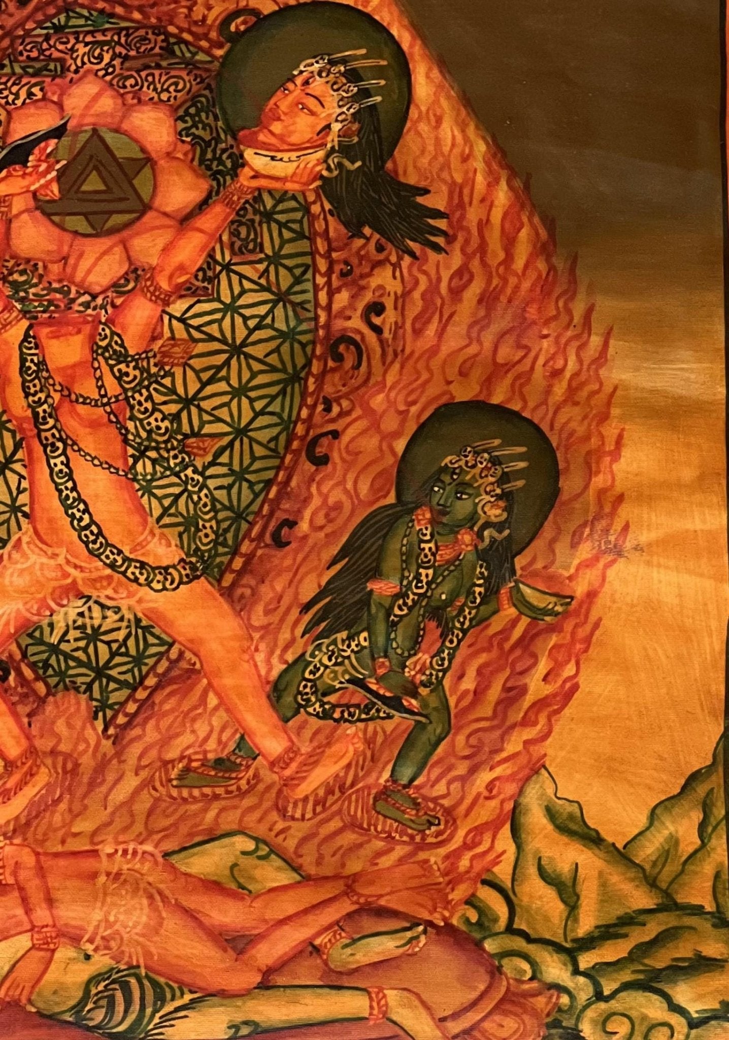 Hand Painted Chhinnamasta Thangka Art | Tantric Energy | Chhinnamastika Chandika | Oil Varnished Jogini Maa Painting with Silk Brocade - Tibetan Thangka Art