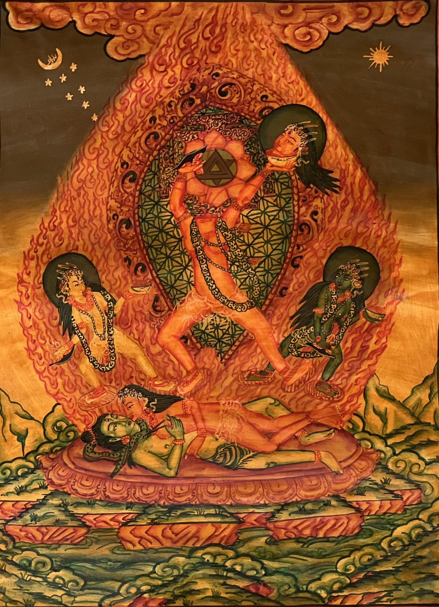 Hand Painted Chhinnamasta Thangka Art | Tantric Energy | Chhinnamastika Chandika | Oil Varnished Jogini Maa Painting with Silk Brocade - Tibetan Thangka Art