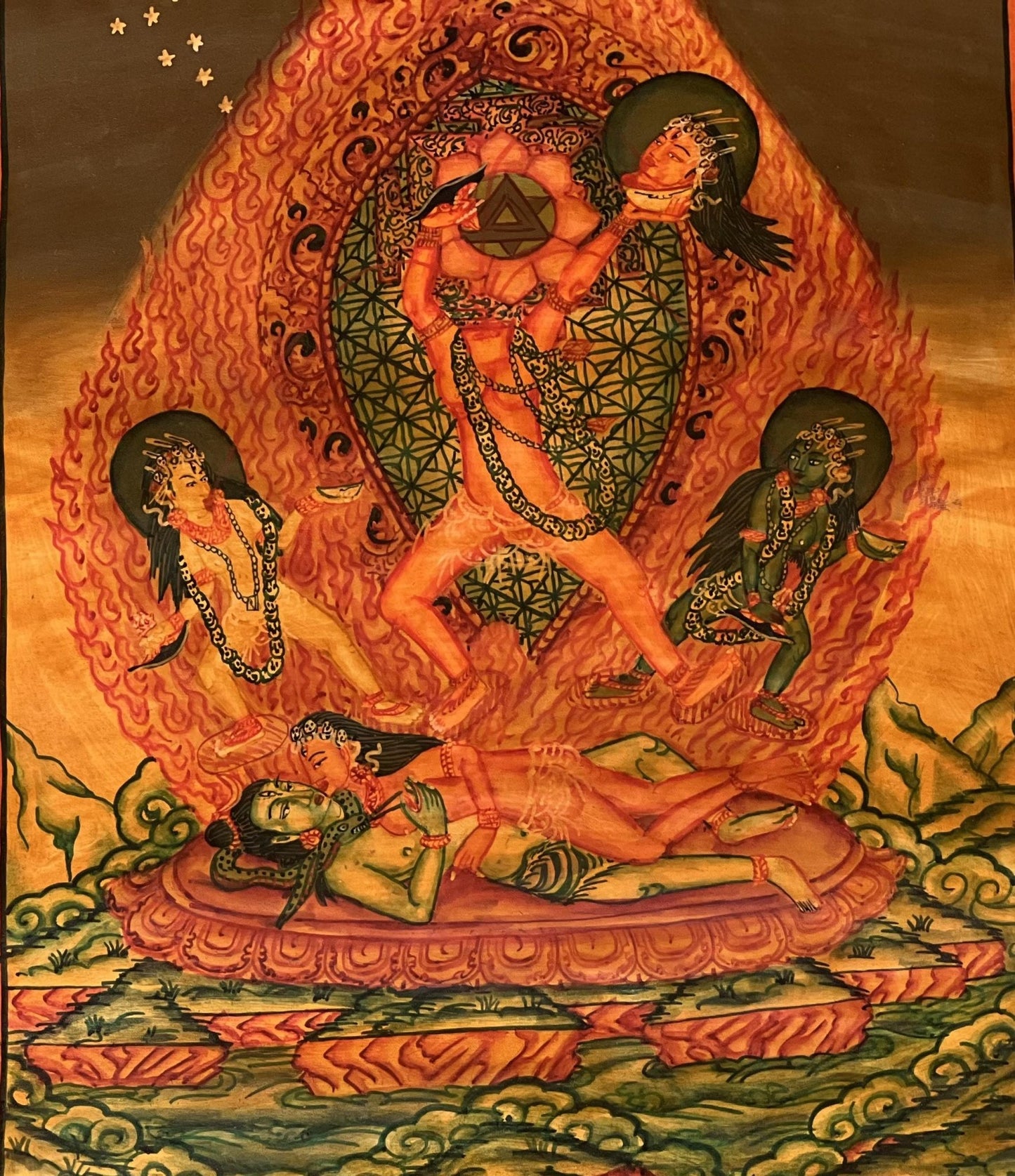 Hand Painted Chhinnamasta Thangka Art | Tantric Energy | Chhinnamastika Chandika | Oil Varnished Jogini Maa Painting with Silk Brocade - Tibetan Thangka Art