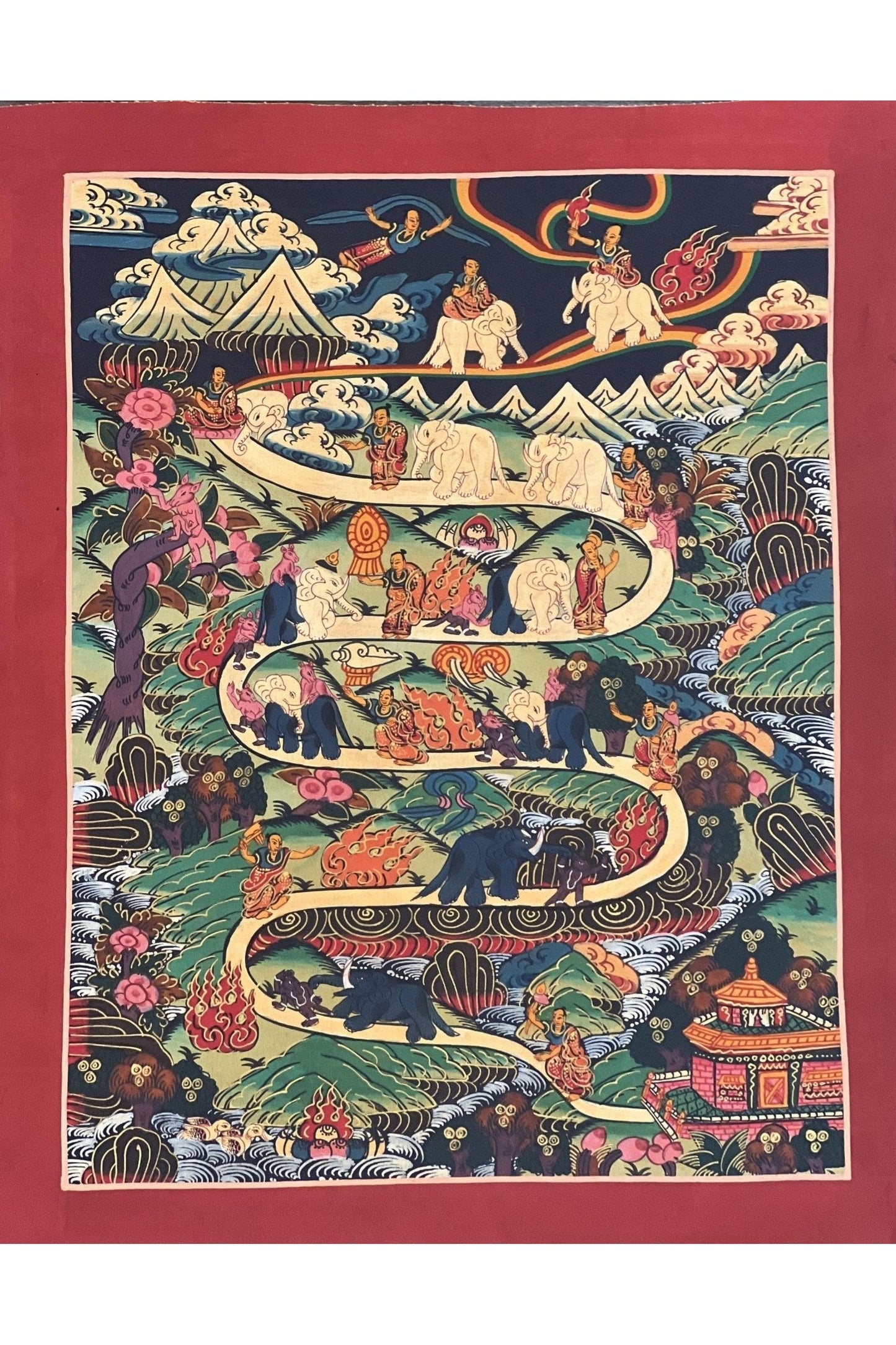 Hand Painted Elephant Path Samatha Meditation Way to Heaven/Nirvana Tibetan Thangka Painting Original Buddhist Meditation Art/ Wall Hanging - Tibetan Thangka Art