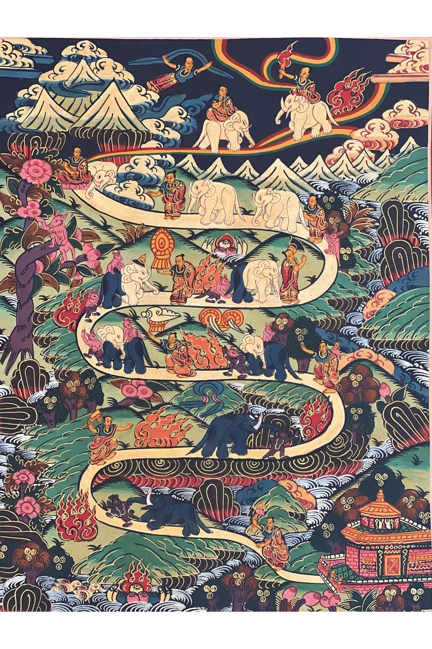 Hand Painted Elephant Path Samatha Meditation Way to Heaven/Nirvana Tibetan Thangka Painting Original Buddhist Meditation Art/ Wall Hanging - Tibetan Thangka Art