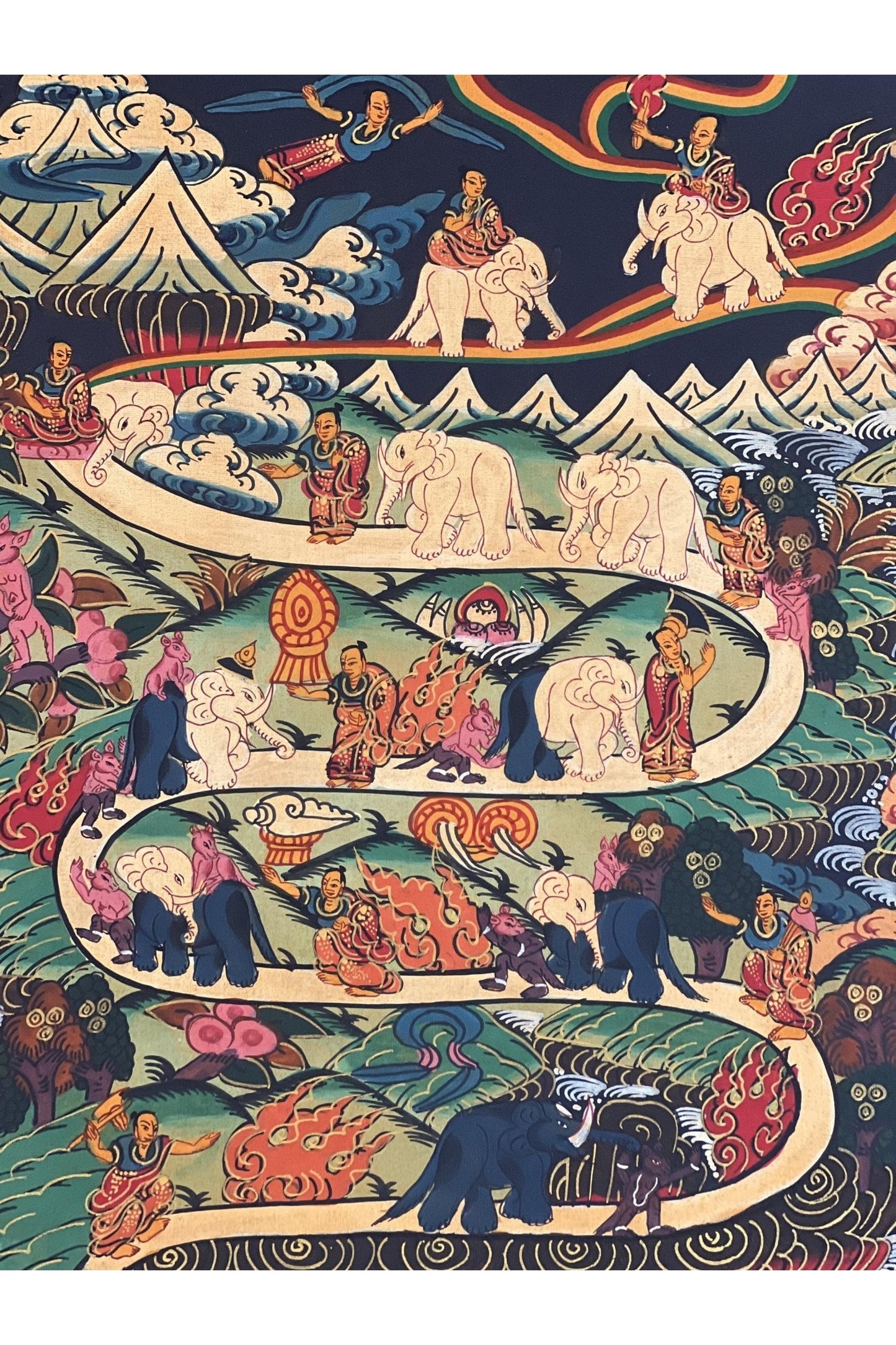 Hand Painted Elephant Path Samatha Meditation Way to Heaven/Nirvana Tibetan Thangka Painting Original Buddhist Meditation Art/ Wall Hanging - Tibetan Thangka Art