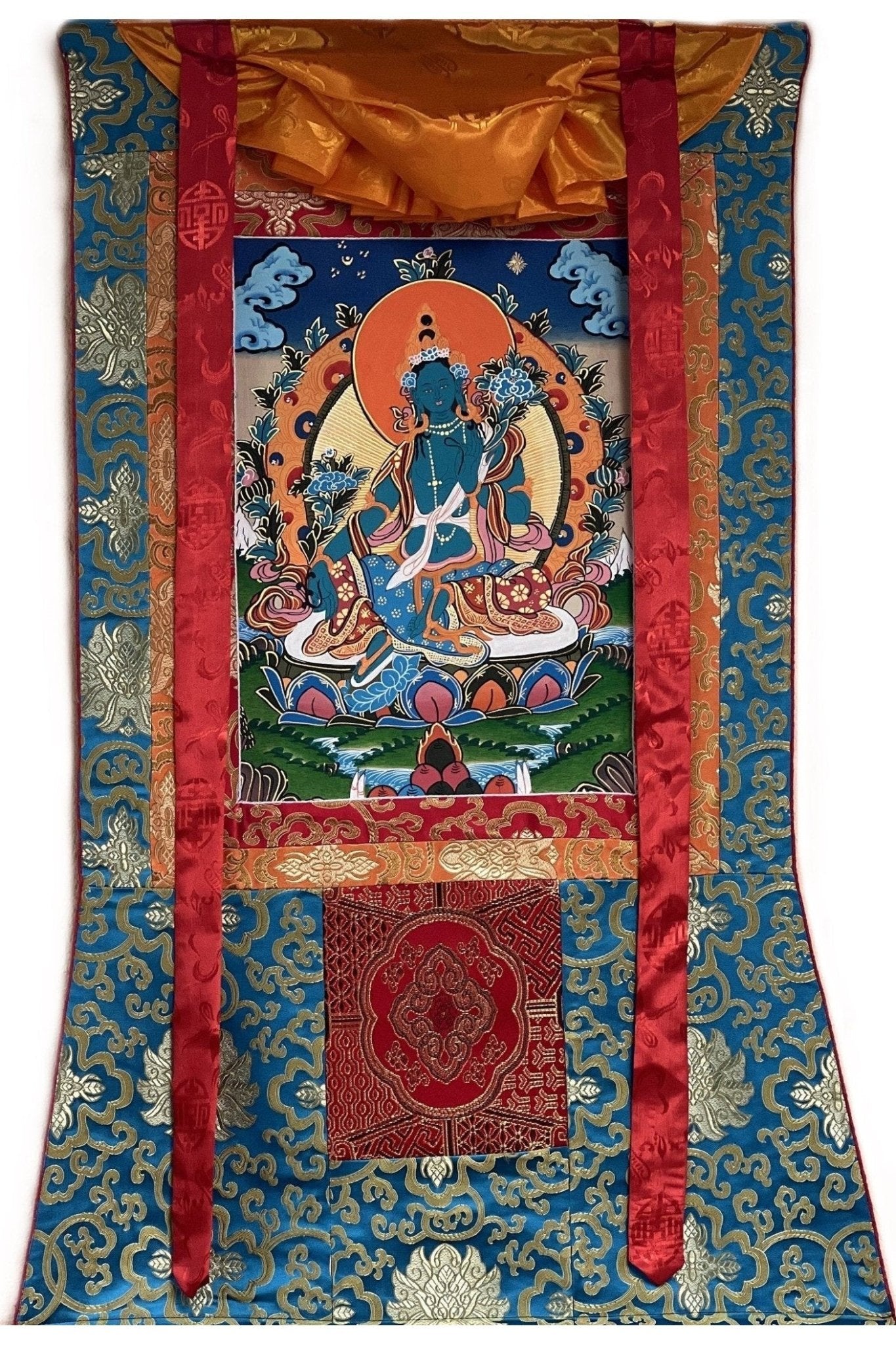 Hand Painted Green Tara, Shyamatara/ Mother Goddess, Masterpiece Tibetan Thangka Painting, Original Buddhist Art with Silk Brocade - Tibetan Thangka Art