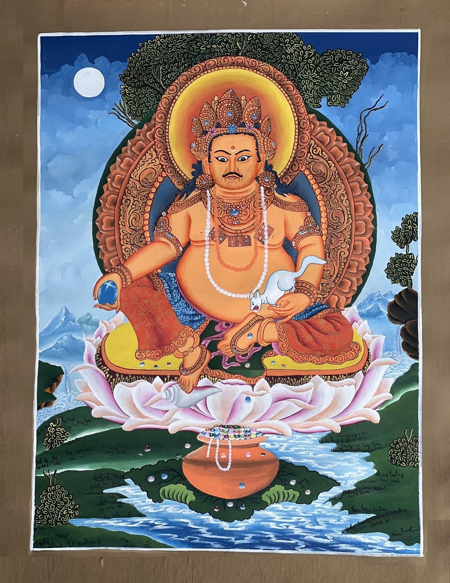 Hand - Painted KUBERA Jambhala Thangka | Hindu God of Wealth Art | Newari Paubha Meditation Painting | Prosperity Wall Art - Tibetan Thangka Art