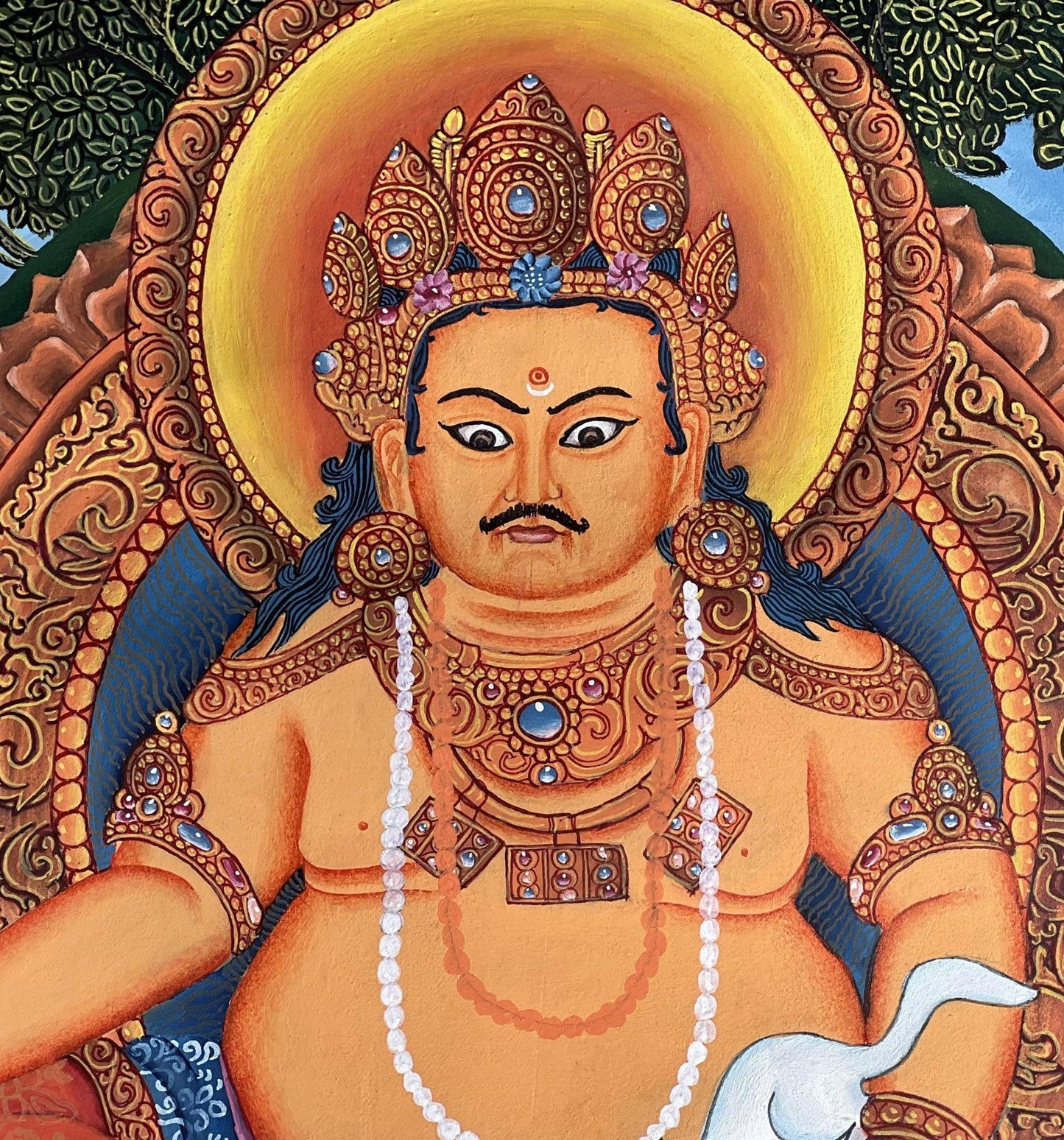 Hand - Painted KUBERA Jambhala Thangka | Hindu God of Wealth Art | Newari Paubha Meditation Painting | Prosperity Wall Art - Tibetan Thangka Art