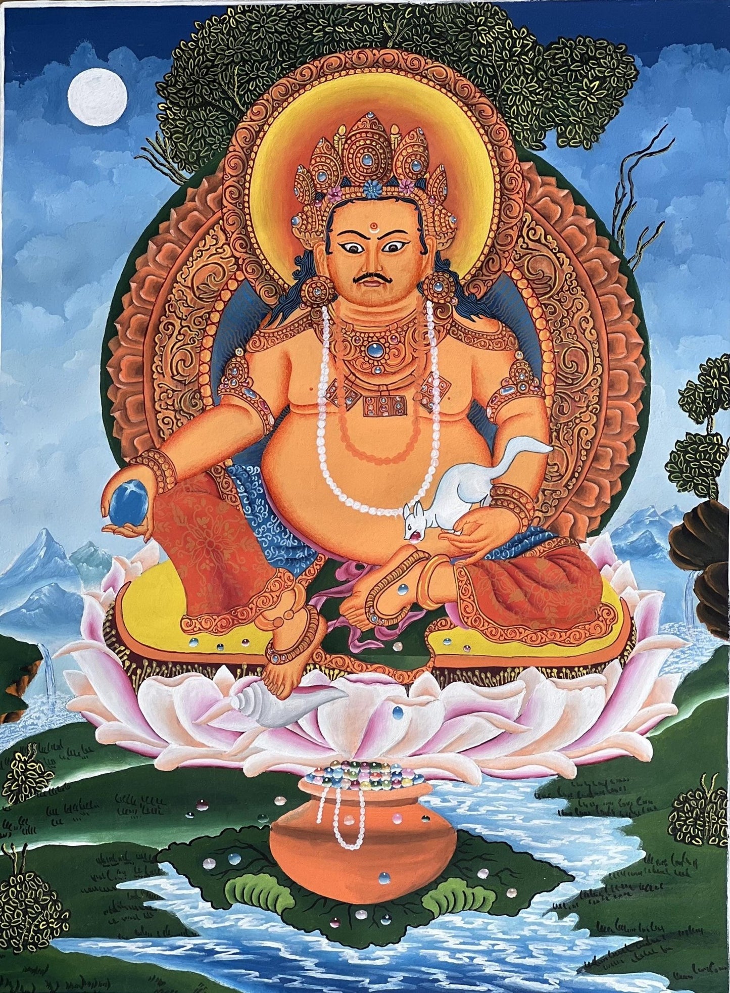 Hand - Painted KUBERA Jambhala Thangka | Hindu God of Wealth Art | Newari Paubha Meditation Painting | Prosperity Wall Art - Tibetan Thangka Art