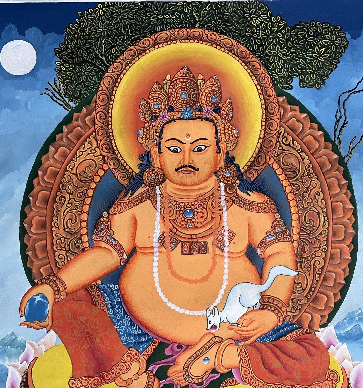 Hand - Painted KUBERA Jambhala Thangka | Hindu God of Wealth Art | Newari Paubha Meditation Painting | Prosperity Wall Art - Tibetan Thangka Art