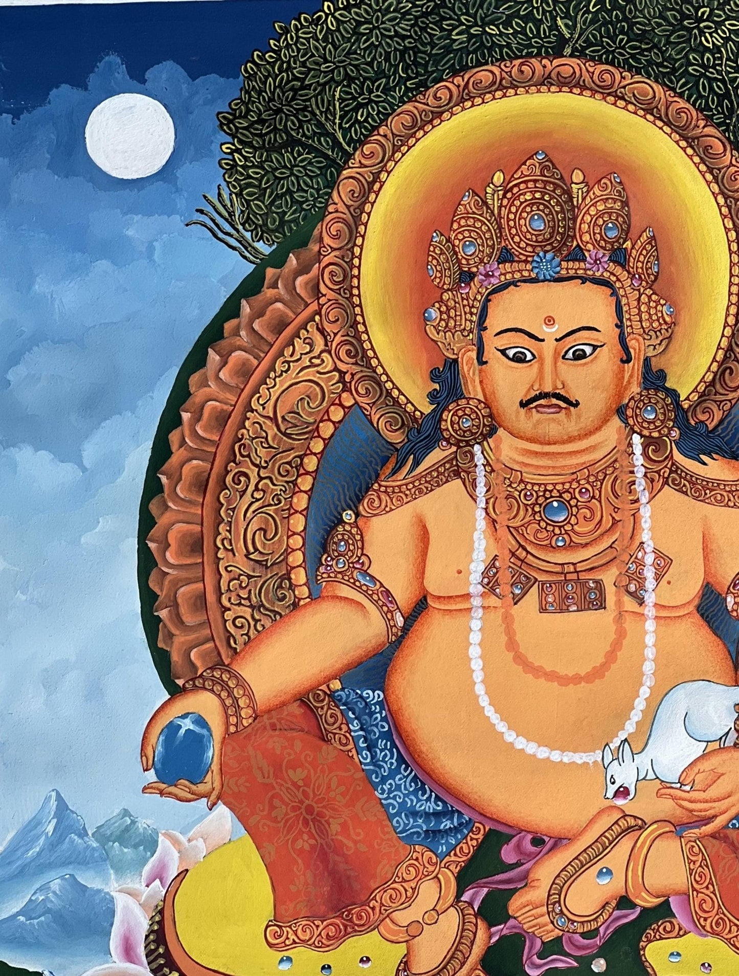 Hand - Painted KUBERA Jambhala Thangka | Hindu God of Wealth Art | Newari Paubha Meditation Painting | Prosperity Wall Art - Tibetan Thangka Art