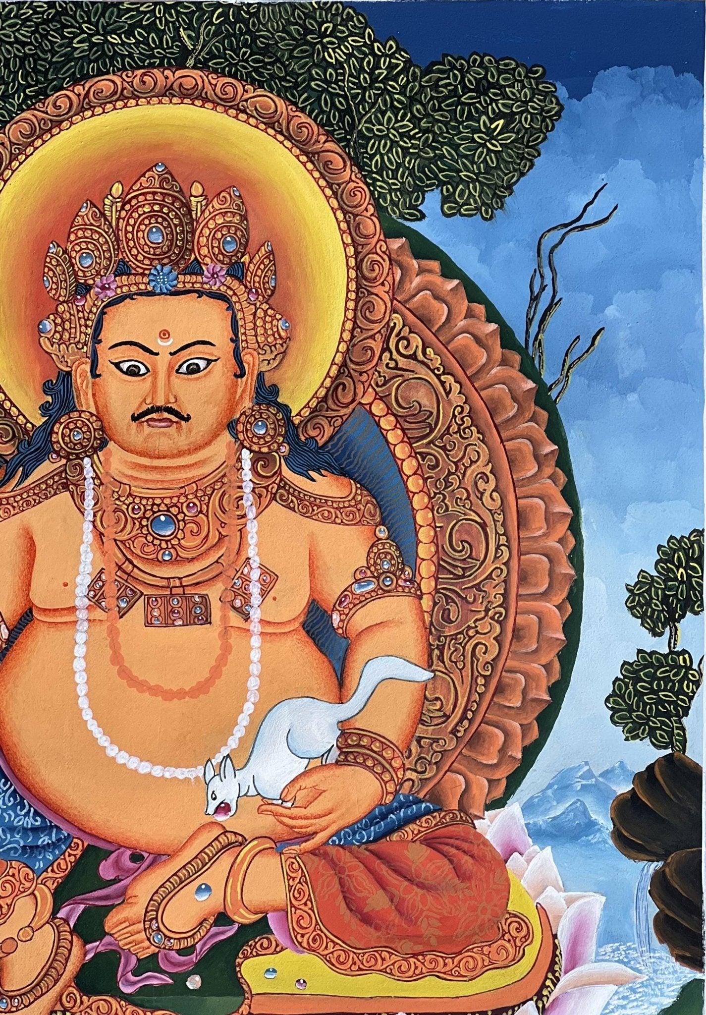 Hand - Painted KUBERA Jambhala Thangka | Hindu God of Wealth Art | Newari Paubha Meditation Painting | Prosperity Wall Art - Tibetan Thangka Art