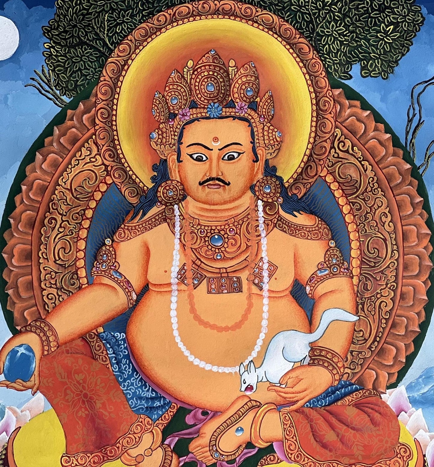 Hand - Painted KUBERA Jambhala Thangka | Hindu God of Wealth Art | Newari Paubha Meditation Painting | Prosperity Wall Art - Tibetan Thangka Art