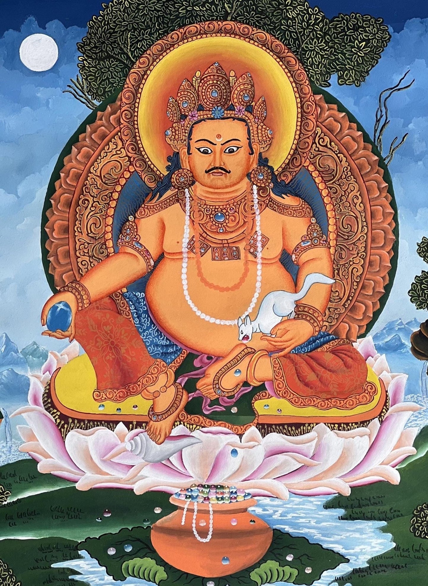 Hand - Painted KUBERA Jambhala Thangka | Hindu God of Wealth Art | Newari Paubha Meditation Painting | Prosperity Wall Art - Tibetan Thangka Art