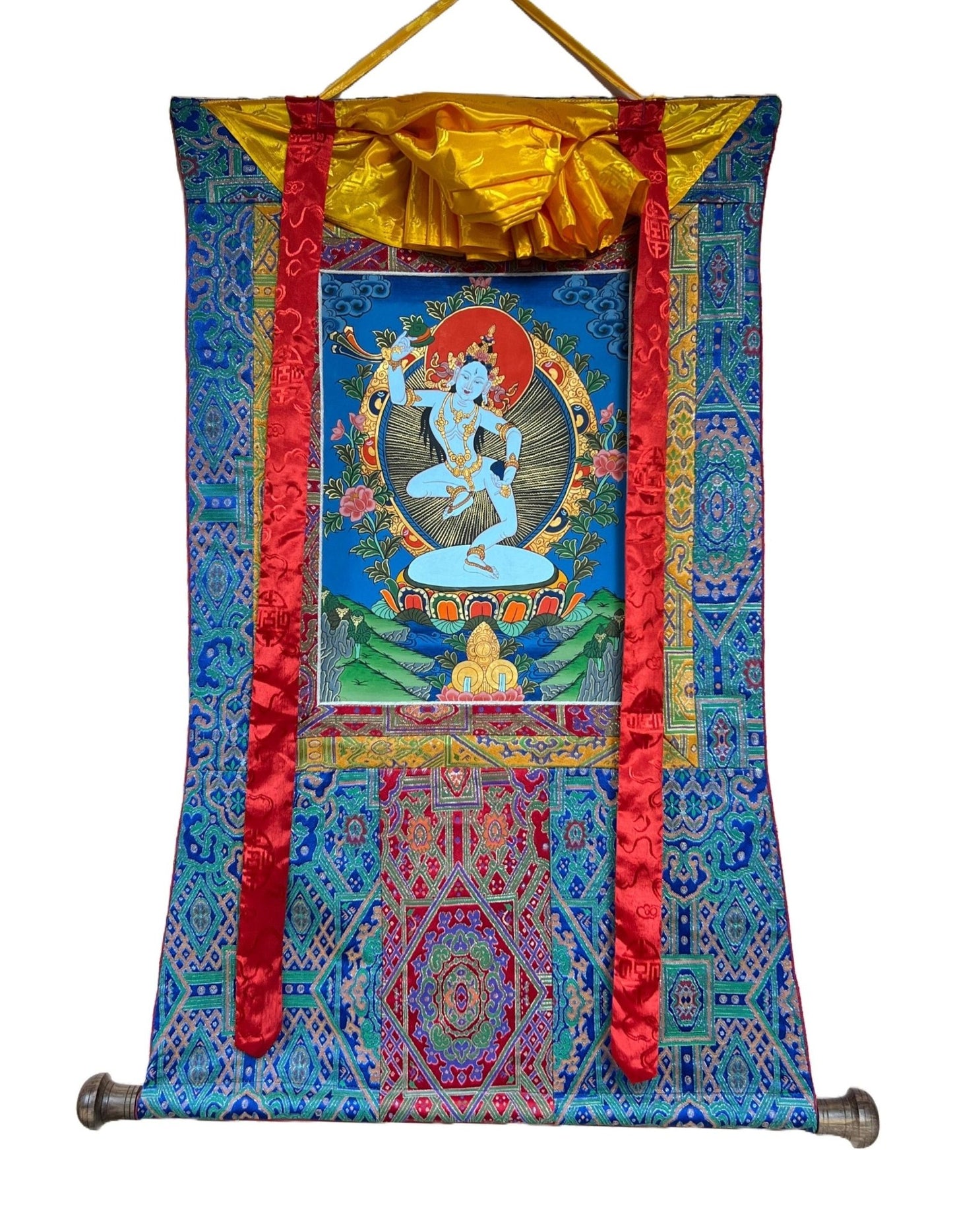 Hand - Painted Machig Labdron | Ahdron Chodron Tibetan Yogini Thangka | Buddhist Art Wall Hanging for Chod Practice with Premium Silk Brocade - Tibetan Thangka Art