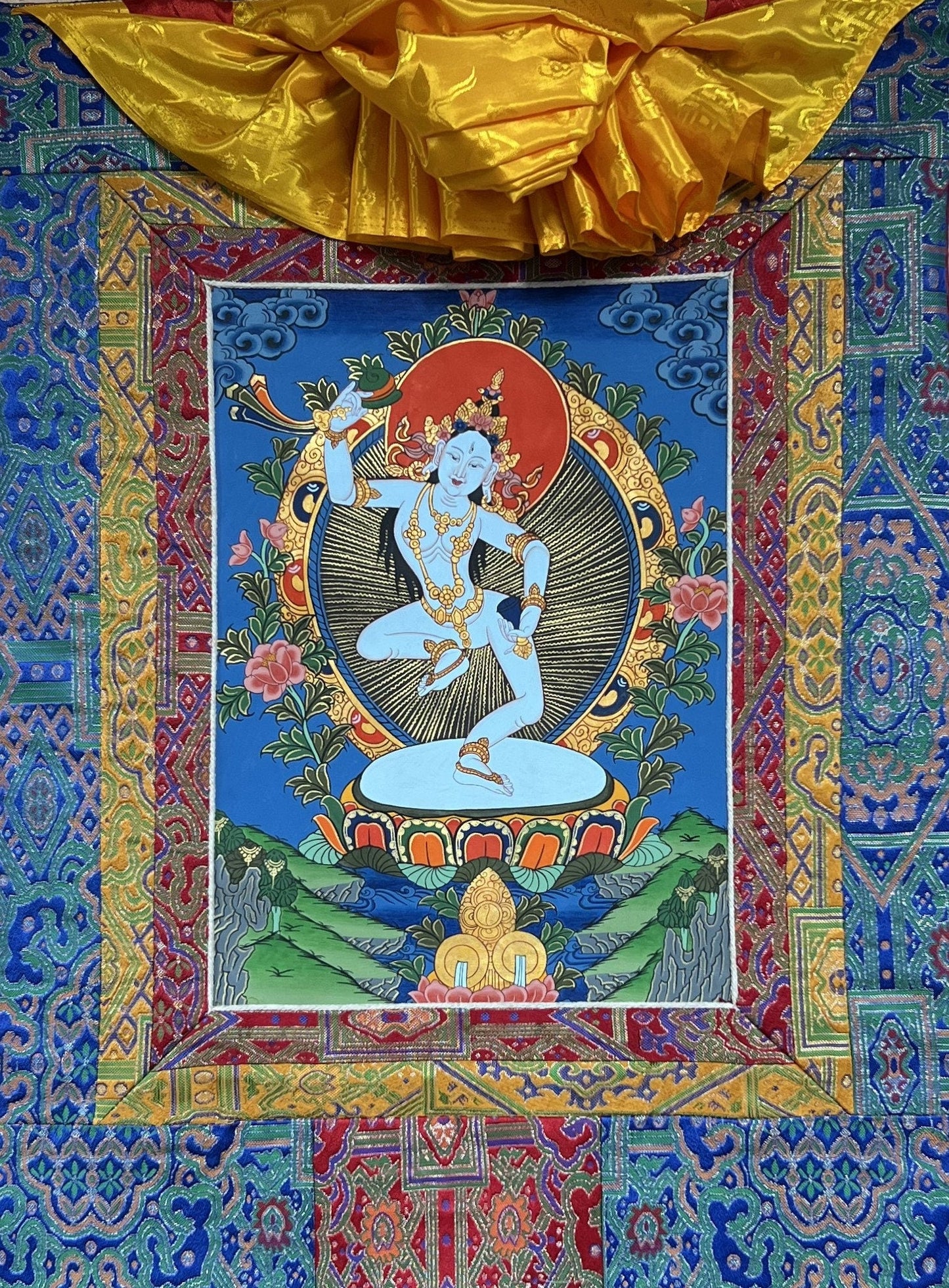 Hand - Painted Machig Labdron | Ahdron Chodron Tibetan Yogini Thangka | Buddhist Art Wall Hanging for Chod Practice with Premium Silk Brocade - Tibetan Thangka Art