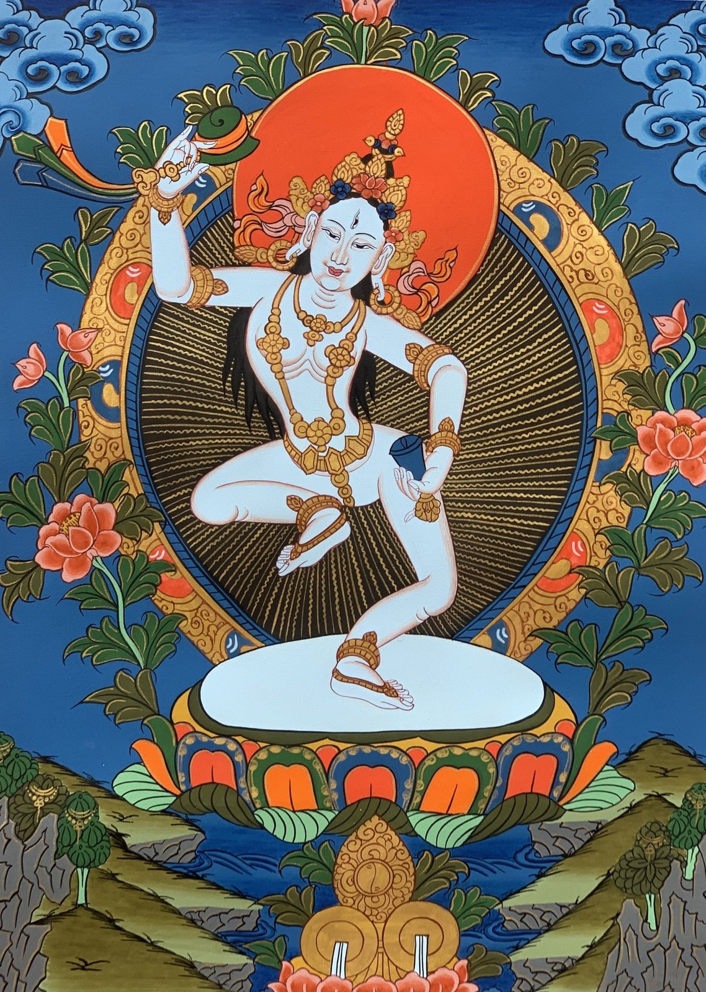 Hand - Painted Machig Labdron | Ahdron Chodron Tibetan Yogini Thangka | Buddhist Art Wall Hanging for Chod Practice with Premium Silk Brocade - Tibetan Thangka Art
