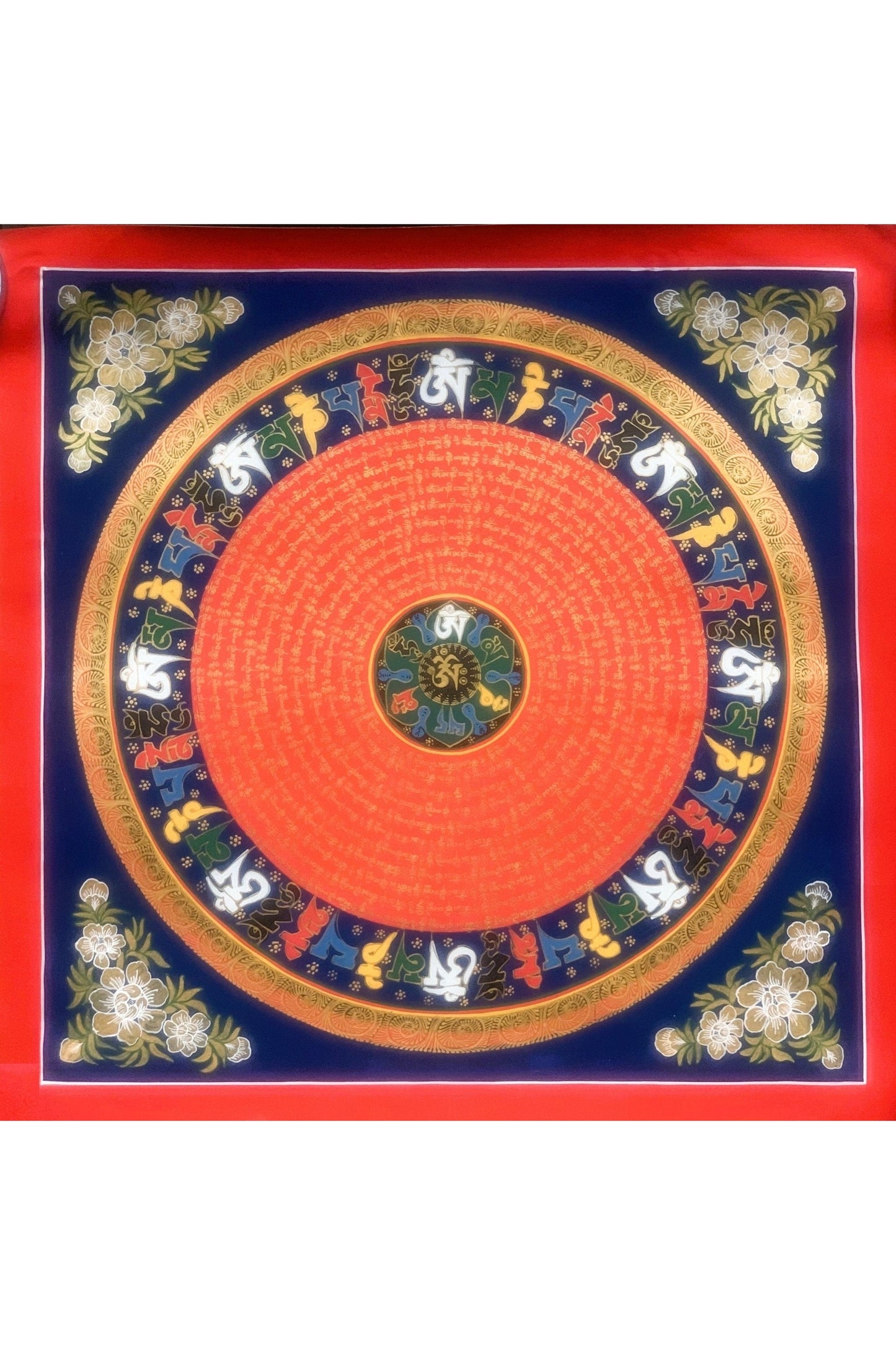 Hand painted Om Mantra Mandala, Wheel of Life Thangka Painting, Original Art Floral Border - Tibetan Thangka Art