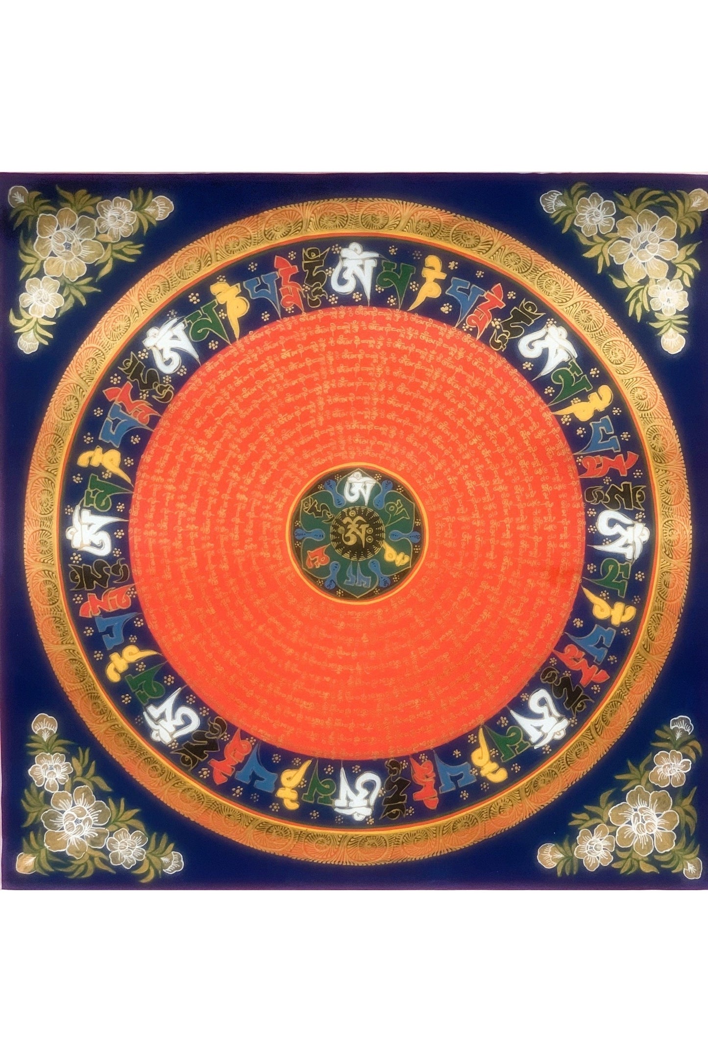 Hand painted Om Mantra Mandala, Wheel of Life Thangka Painting, Original Art Floral Border - Tibetan Thangka Art