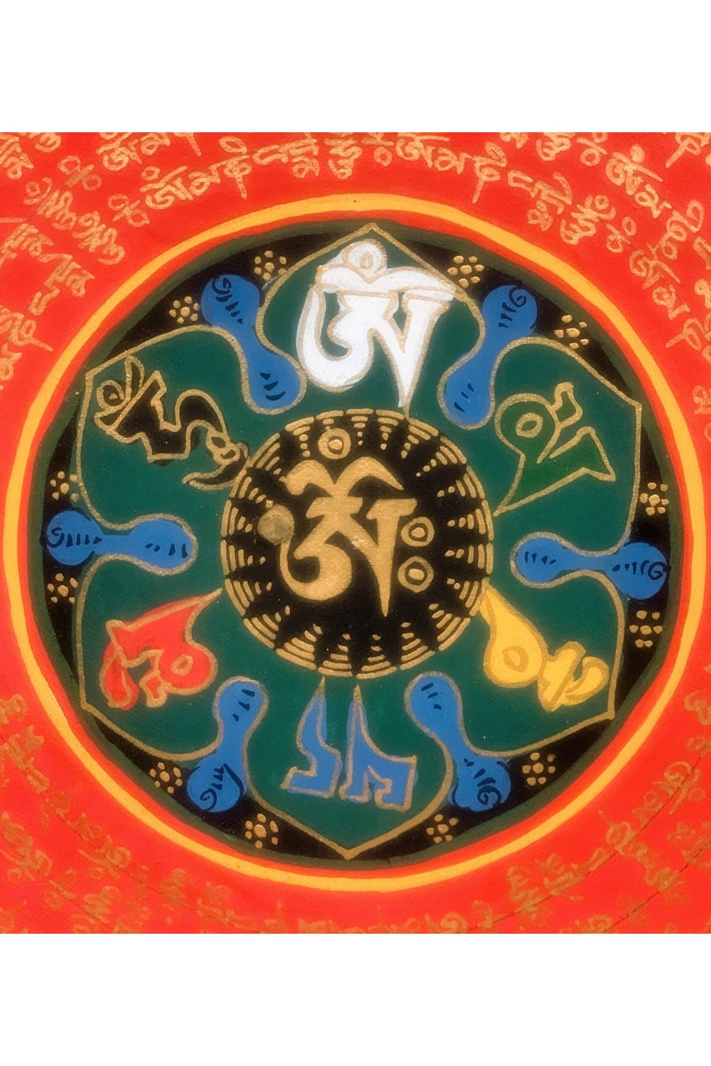 Hand painted Om Mantra Mandala, Wheel of Life Thangka Painting, Original Art Floral Border - Tibetan Thangka Art