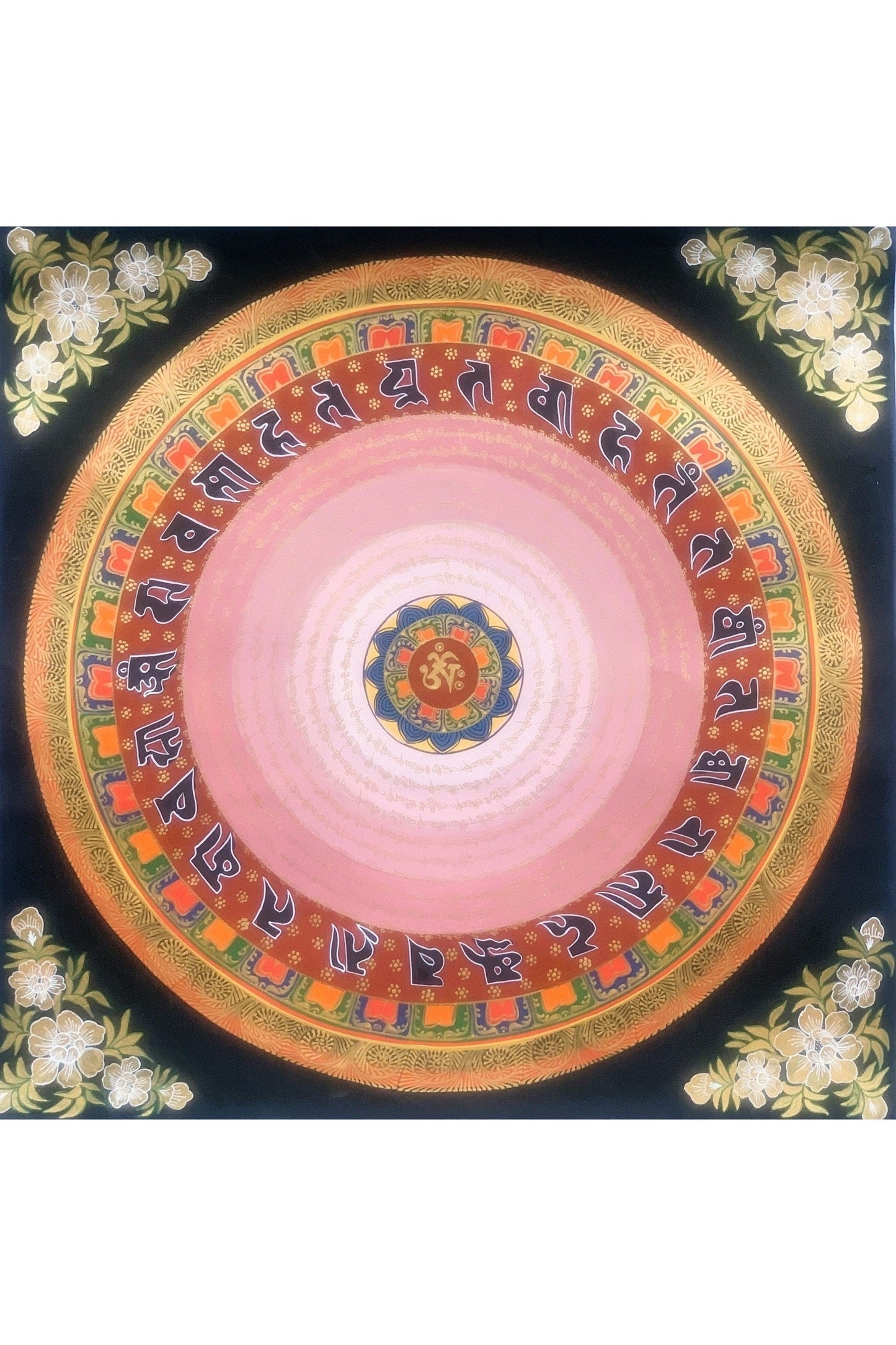 Hand Painted OM Mantra Mandala, Wheel of Life, Thangka Painting, Original Art with Floral Background - Tibetan Thangka Art
