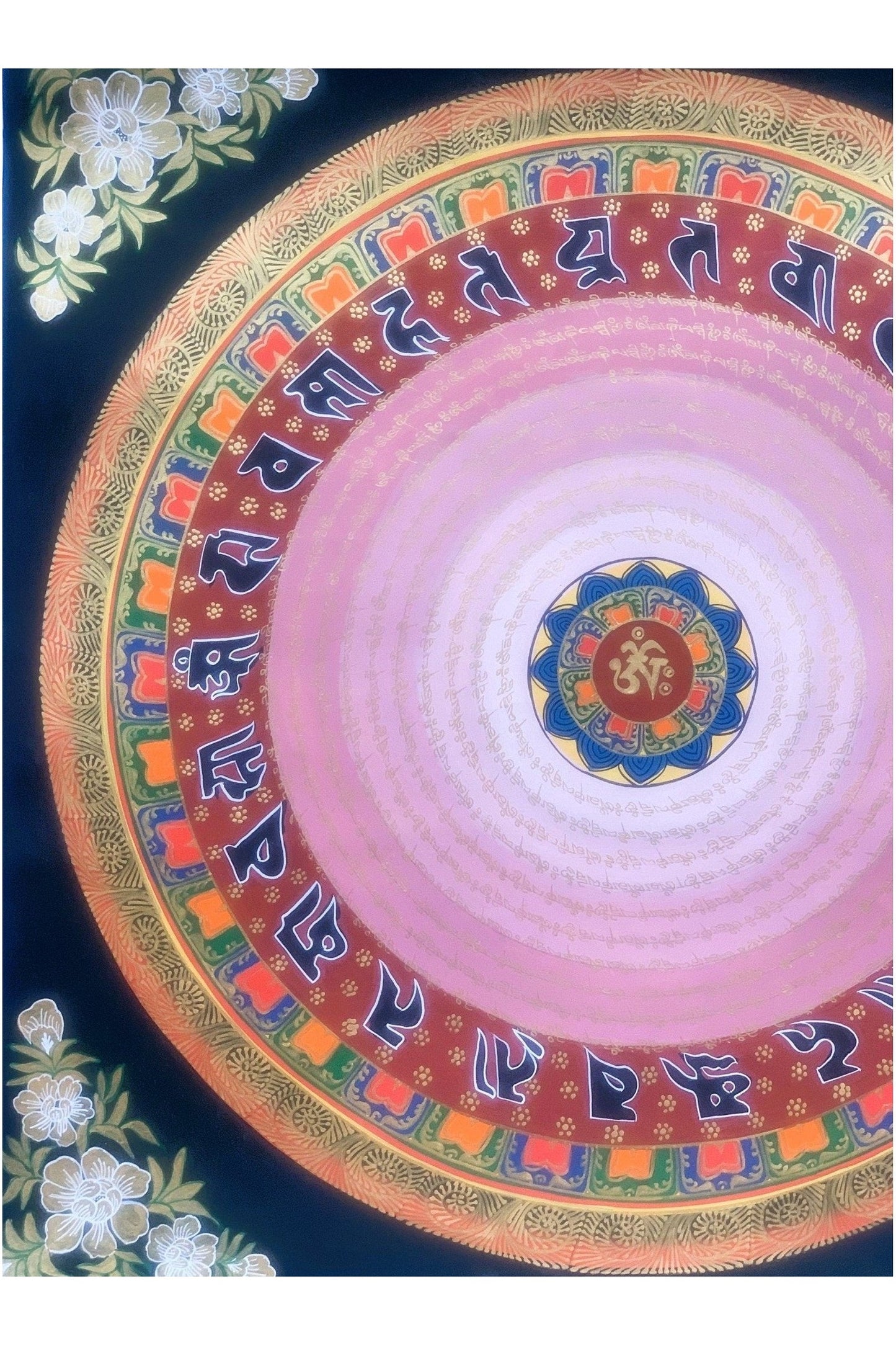 Hand Painted OM Mantra Mandala, Wheel of Life, Thangka Painting, Original Art with Floral Background - Tibetan Thangka Art