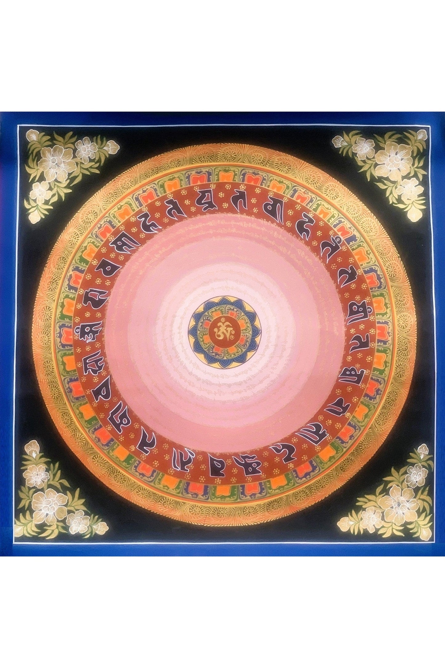 Hand Painted OM Mantra Mandala, Wheel of Life, Thangka Painting, Original Art with Floral Background - Tibetan Thangka Art