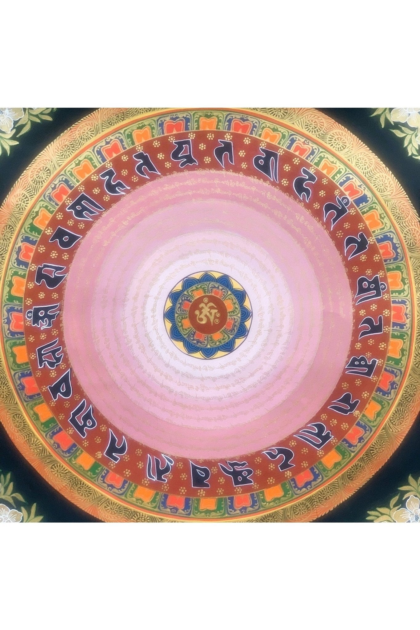 Hand Painted OM Mantra Mandala, Wheel of Life, Thangka Painting, Original Art with Floral Background - Tibetan Thangka Art
