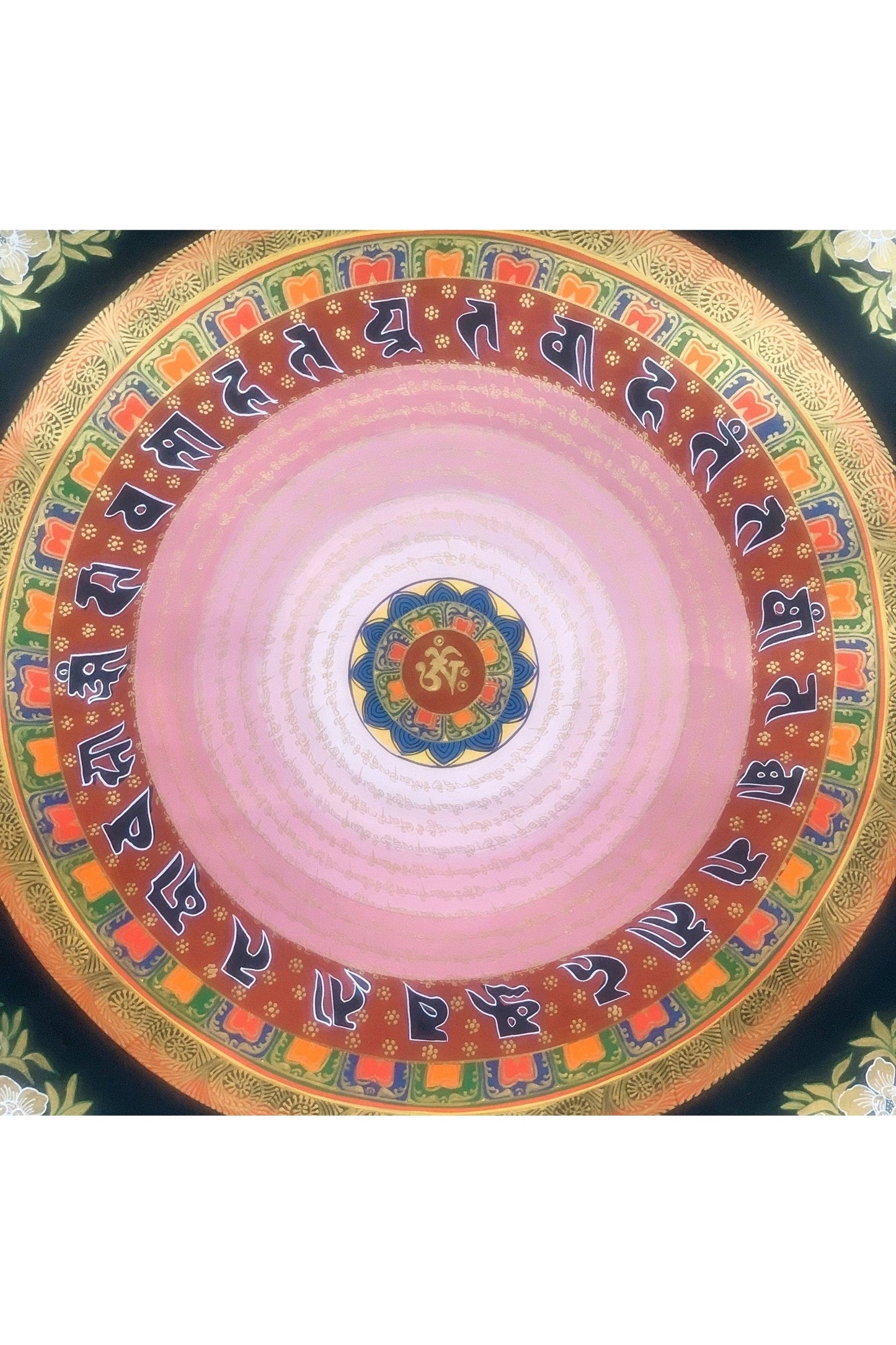 Hand Painted OM Mantra Mandala, Wheel of Life, Thangka Painting, Original Art with Floral Background - Tibetan Thangka Art