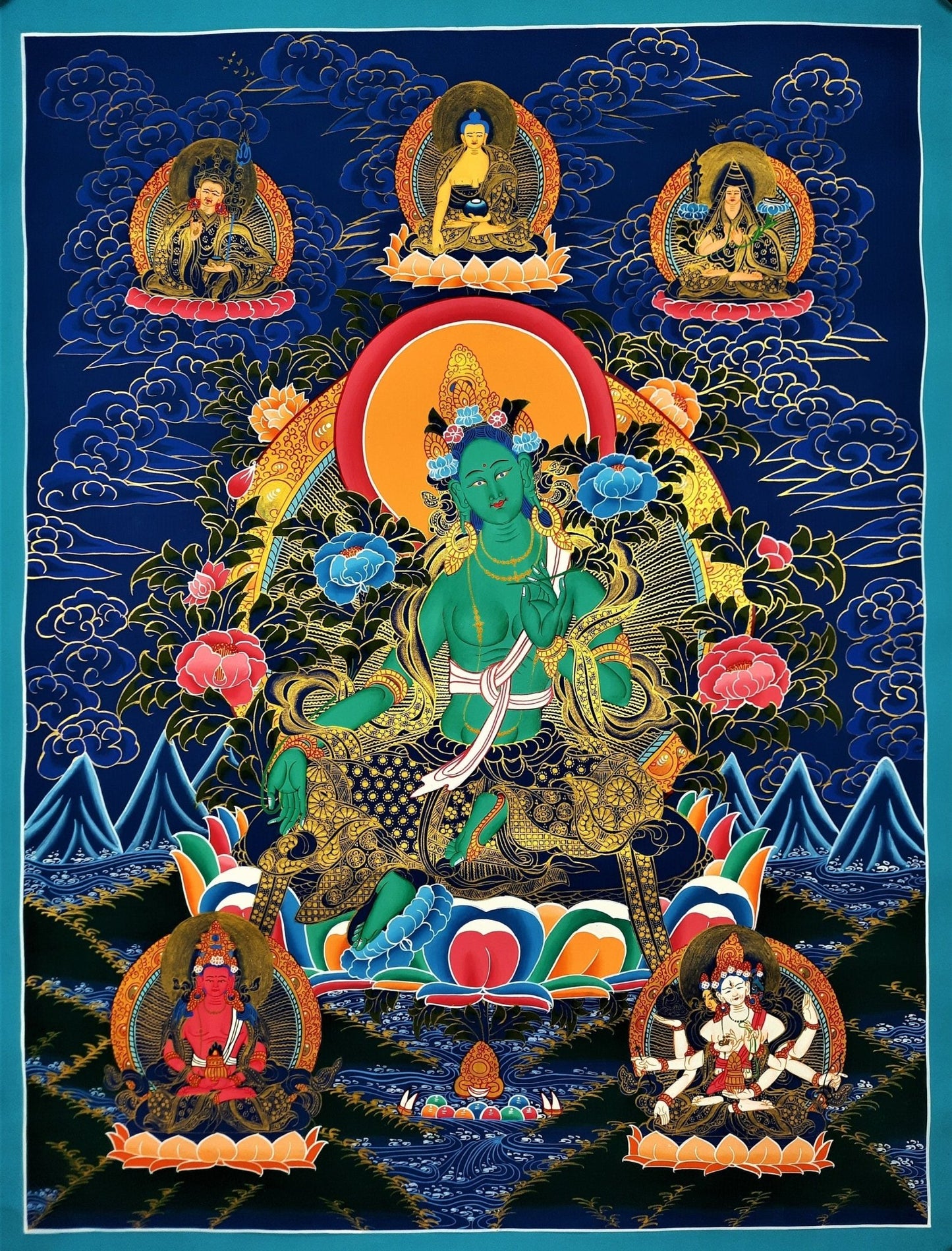 Hand painted Original Green Tara Masterpiece Meditation, Compassion, Tibetan Thangka / Thanka Painting From Nepal - Tibetan Thangka Art