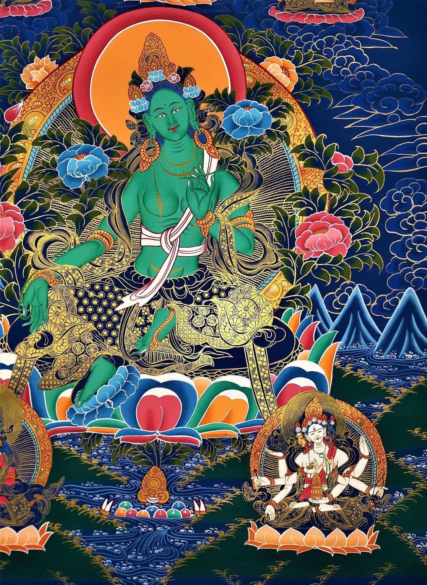 Hand painted Original Green Tara Masterpiece Meditation, Compassion, Tibetan Thangka / Thanka Painting From Nepal - Tibetan Thangka Art