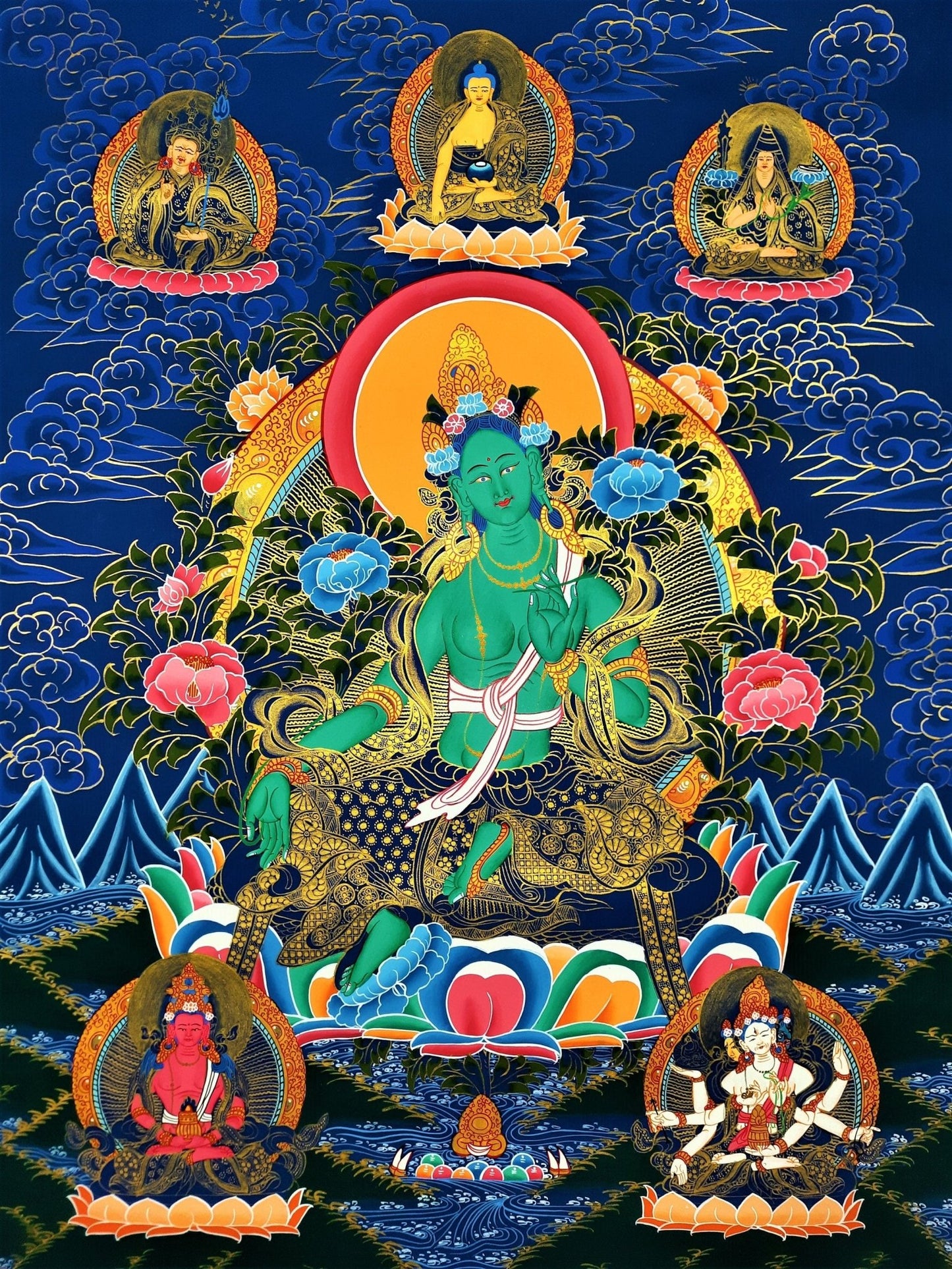 Hand painted Original Green Tara Masterpiece Meditation, Compassion, Tibetan Thangka / Thanka Painting From Nepal - Tibetan Thangka Art