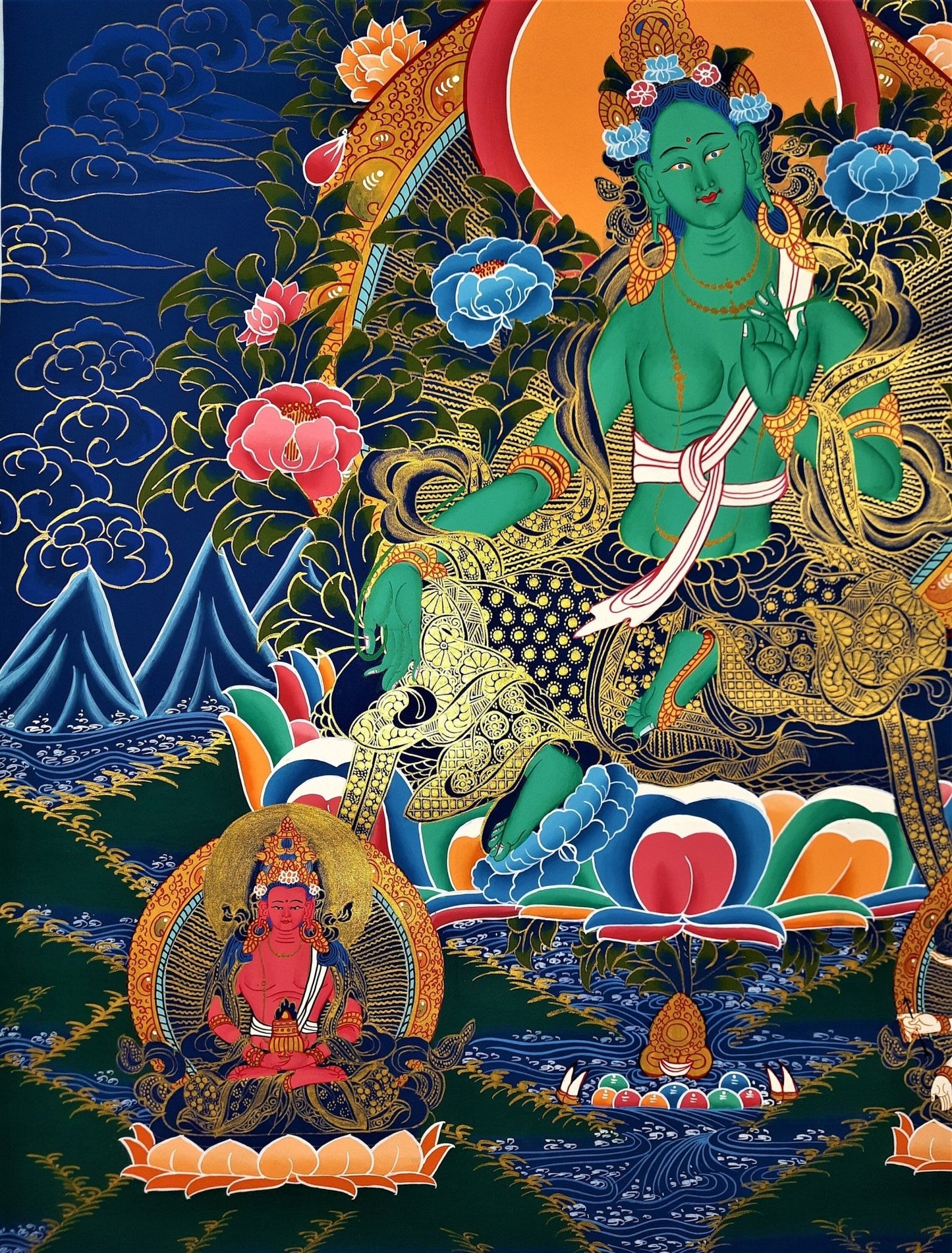 Hand painted Original Green Tara Masterpiece Meditation, Compassion, Tibetan Thangka / Thanka Painting From Nepal - Tibetan Thangka Art