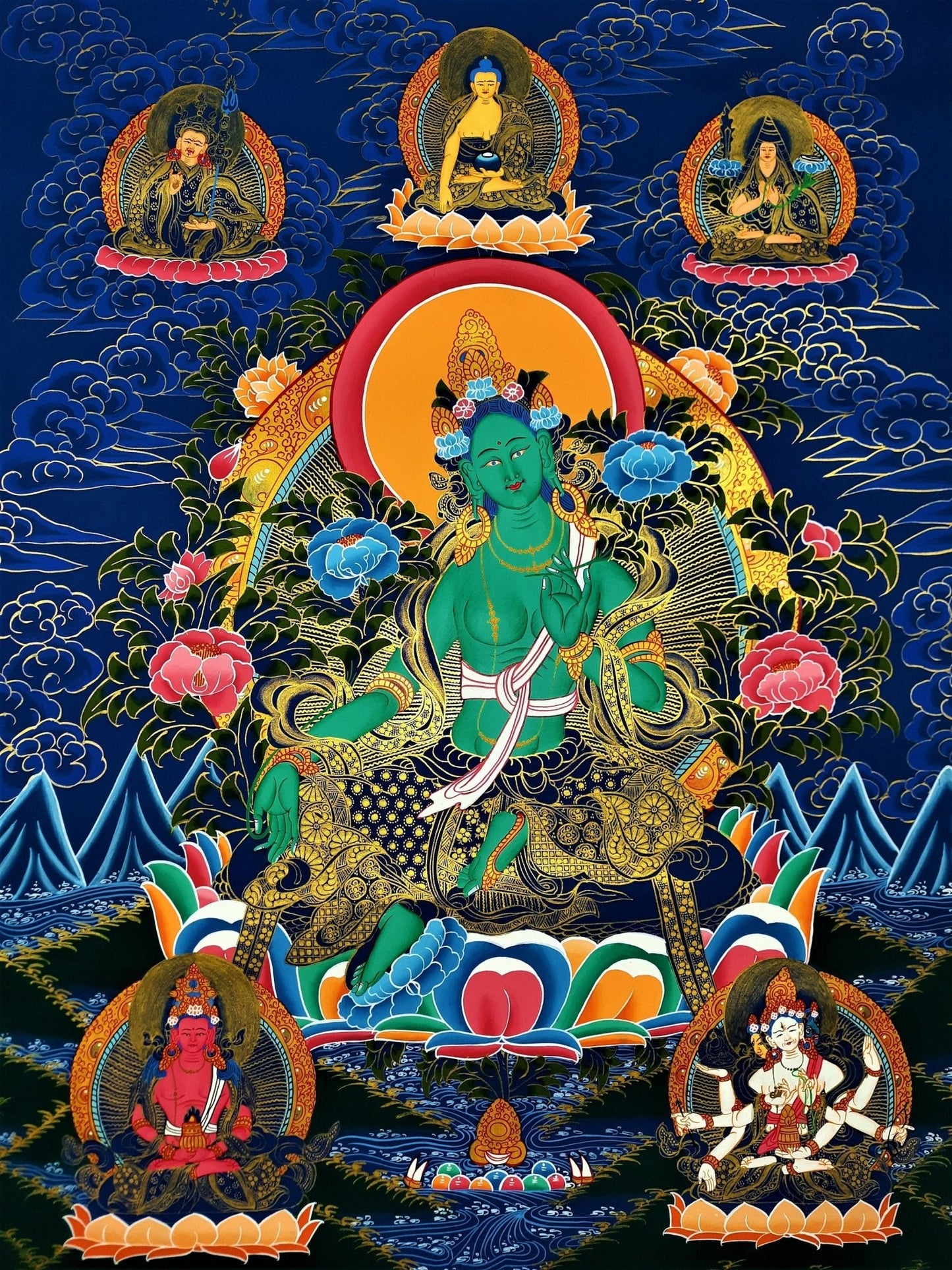 Hand painted Original Green Tara Masterpiece Meditation, Compassion, Tibetan Thangka / Thanka Painting From Nepal - Tibetan Thangka Art