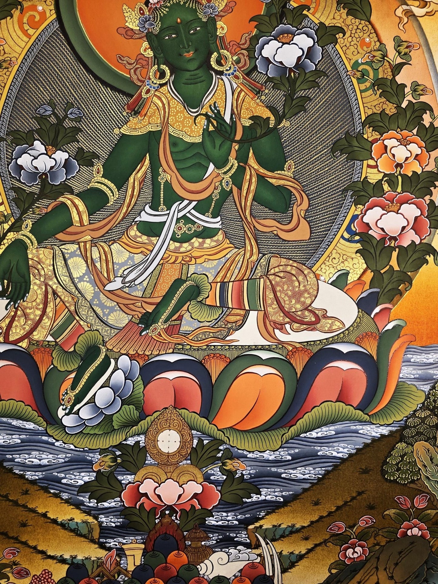 Hand - Painted Original Green Tara Thangka – Tibetan Masterpiece for Meditation, Compassion, and Wall Hanging – Sacred Art from Nepal - Tibetan Thangka Art
