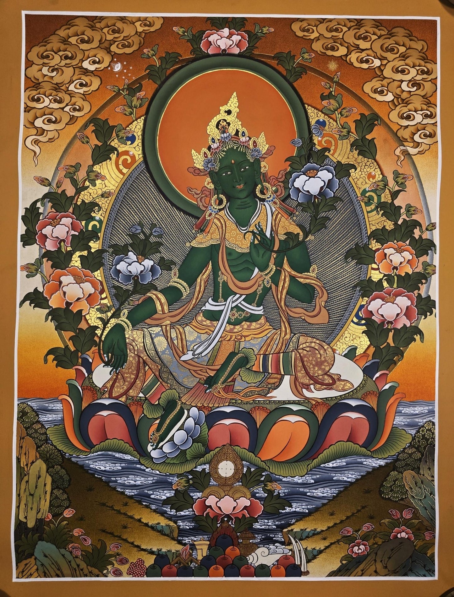 Hand - Painted Original Green Tara Thangka – Tibetan Masterpiece for Meditation, Compassion, and Wall Hanging – Sacred Art from Nepal - Tibetan Thangka Art
