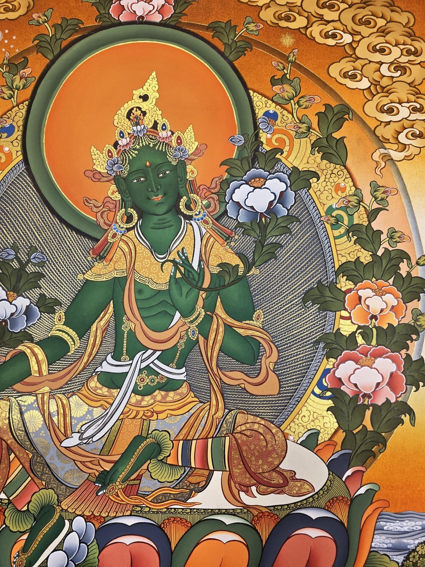 Hand - Painted Original Green Tara Thangka – Tibetan Masterpiece for Meditation, Compassion, and Wall Hanging – Sacred Art from Nepal - Tibetan Thangka Art