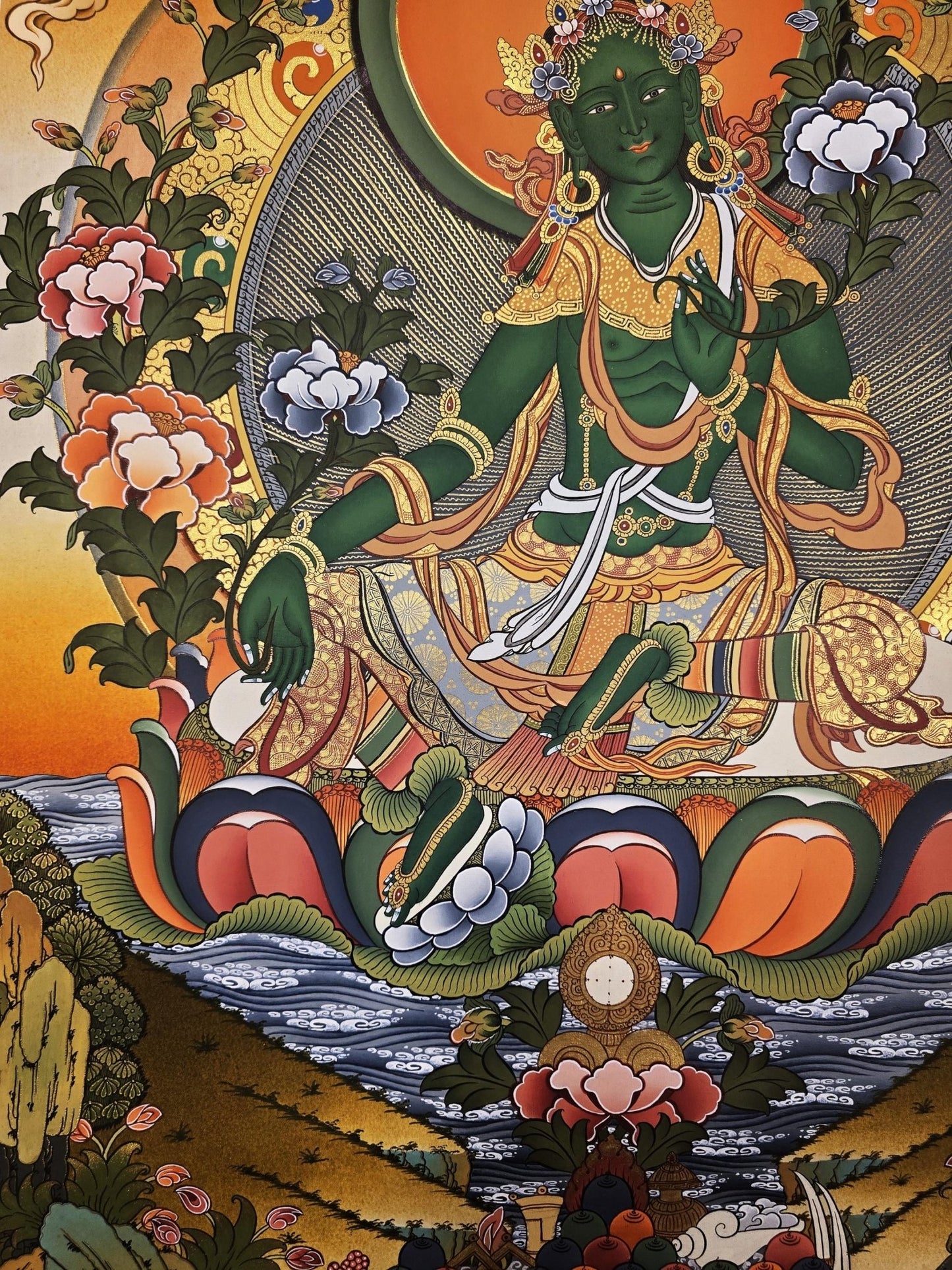 Hand - Painted Original Green Tara Thangka – Tibetan Masterpiece for Meditation, Compassion, and Wall Hanging – Sacred Art from Nepal - Tibetan Thangka Art